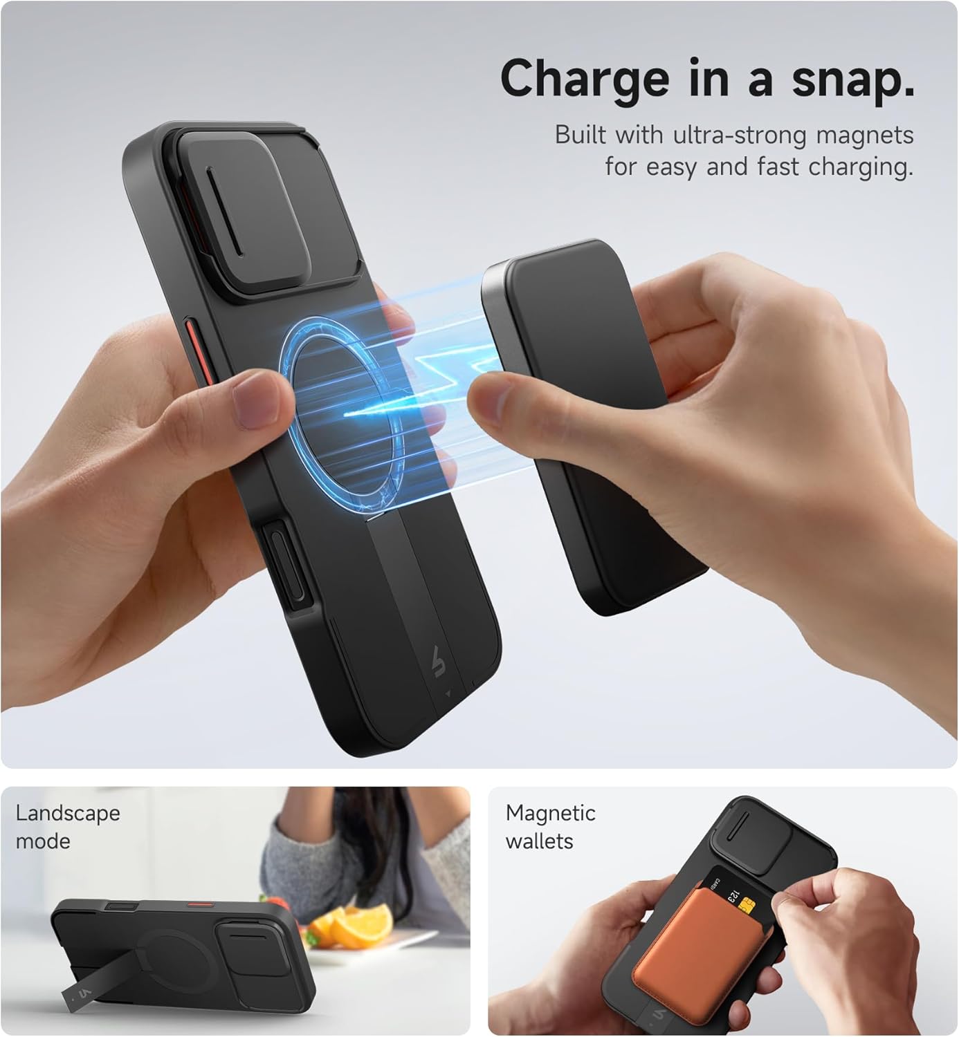 SURITCH for iPhone 16 Pro Max Case with Magnetic Camera Slide Cover and Adjustable Kickstand, Compatible with MagSafe, Shockproof Bumper Case Slim Protective Cover 6.9 Inch, Black