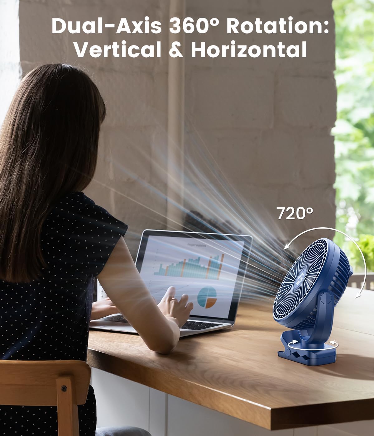 8-inch Clip-on Fan - 12000mAh Portable Rechargeable Battery, 3 Speeds, Strong Airflow, USB, Small Desk, Personal Quiet for Office, Stroller, Bedroom and Camping