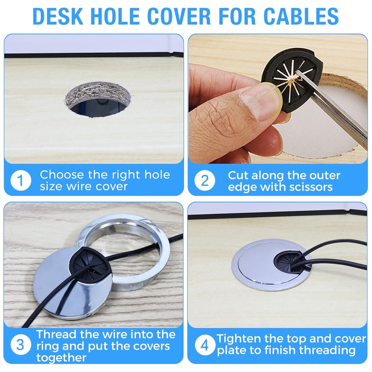 Desk Grommet 2" (50 mm), Desk Cord Hole Cover, Cable Grommet Metal Zinc Alloy Materilal, Desk Hole Grommet for Office and Home Table Cable, Detachable Cable Cord Organizer (Flat Black 1 Pcs)