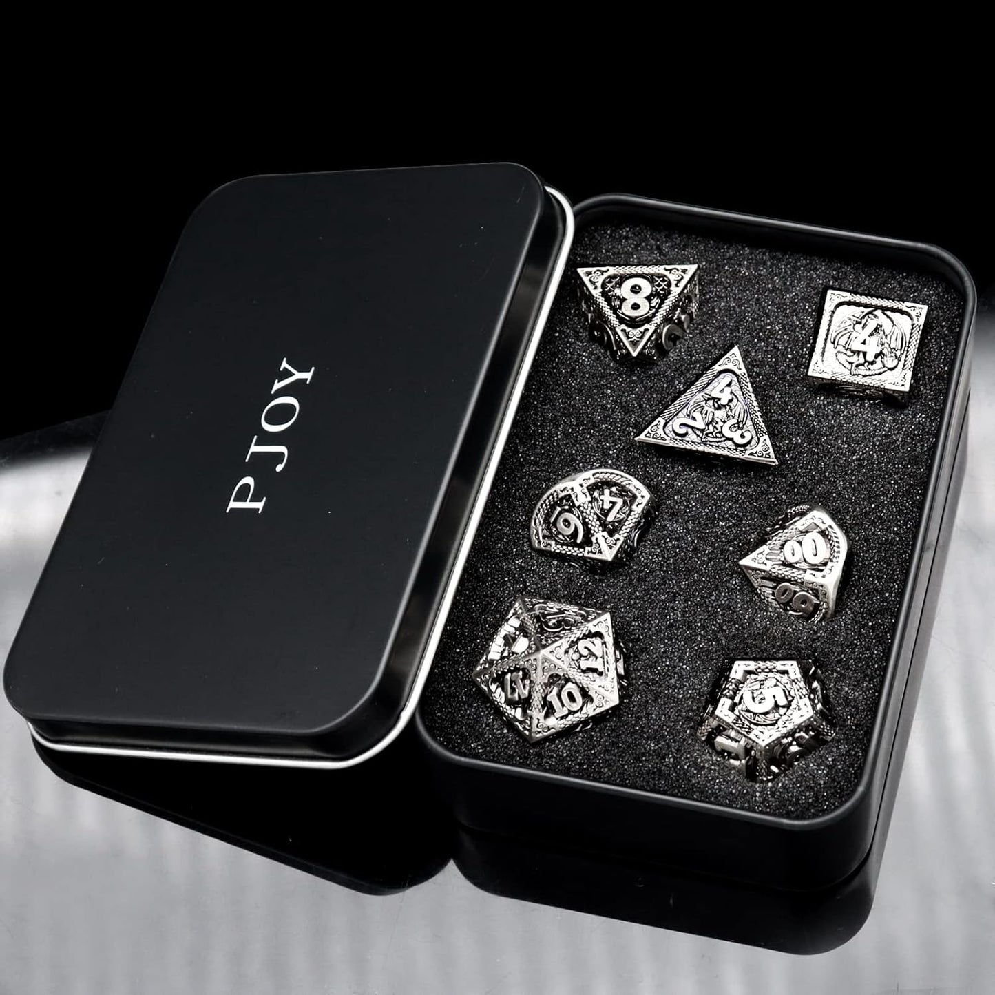PJOY Metal DND Dice Set Antique Silver Dragon Scale D&D Polyhedral Dice with Dice Case for Dungeons and Dragons TTRPG Gifts