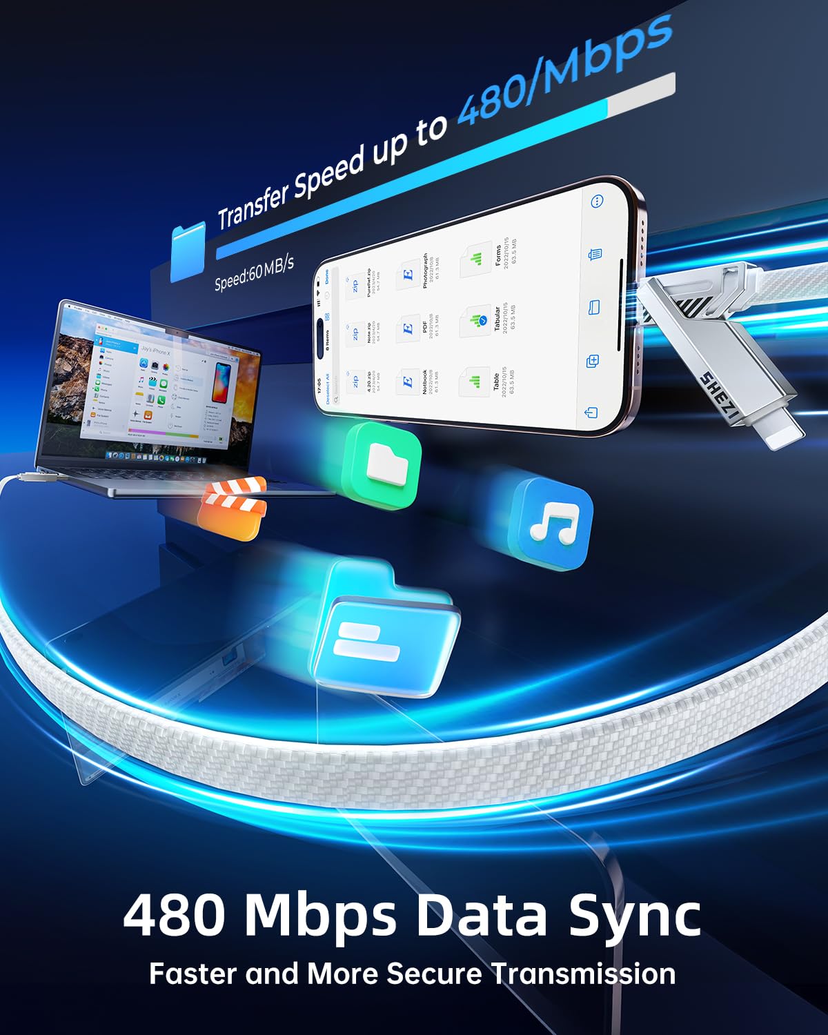 SHEZI [Upgraded 2.0] 4-in-1 USB C Cable 60W 10FT Fast Charging [480Mbps Data Sync] Flat Nylon Braided Charger Cord Combo, USB A/C to C/L Multi Charge Cable for iPhone/iPad & Most Devices, Silver