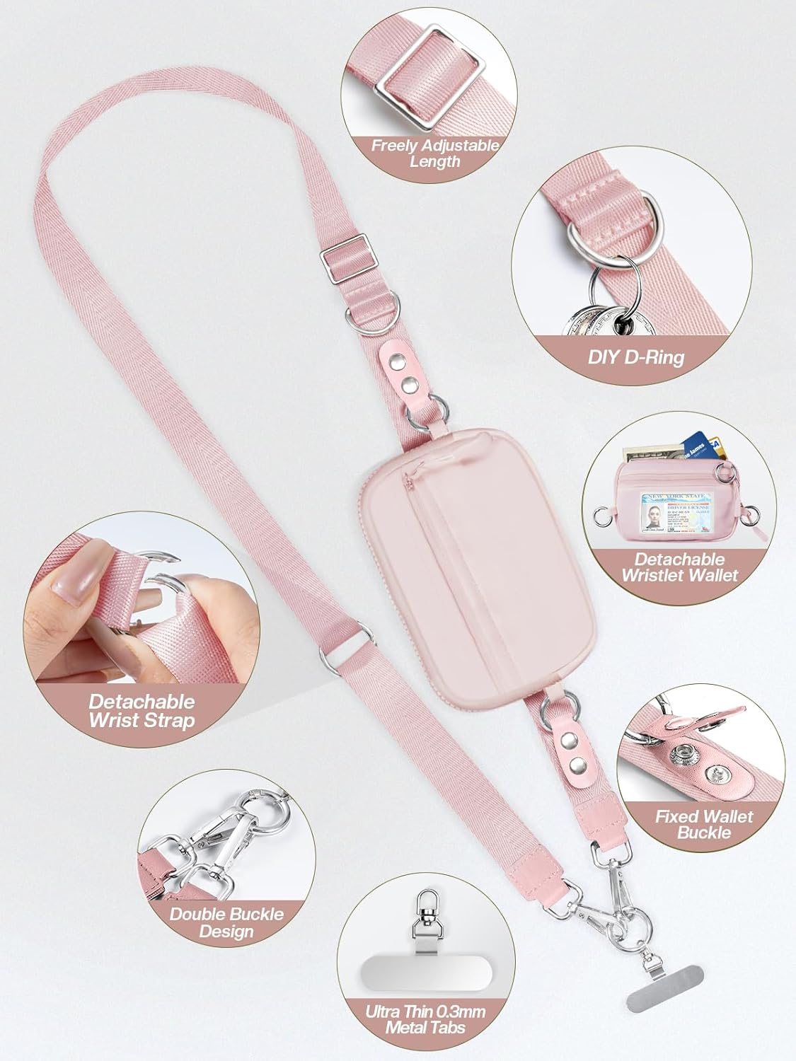 Clip and Go Strap for Phone with Wallet Crossbody Phone Lanyard Adjustable and Detachable RFID Wristlet Wallet with ID Window and Zipper, Pink