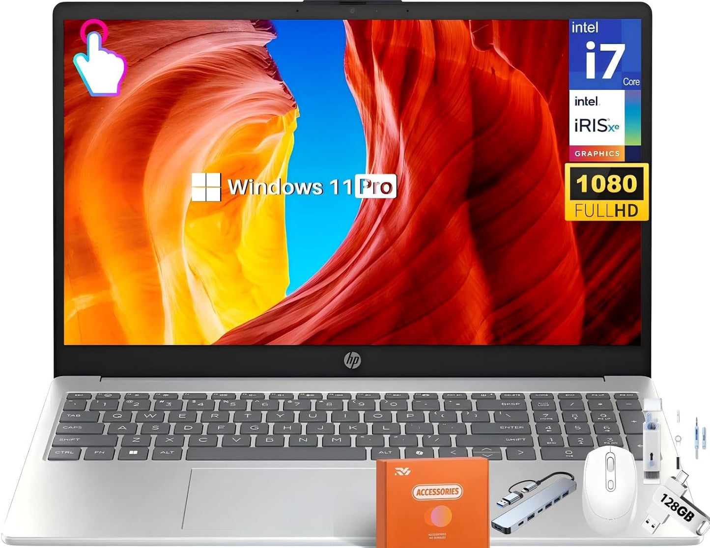 HP 15.6 Touchscreen Laptop Computer for Business, Intel 13th Gen i7-1355U(Up to 5.0 GHz), 15.6" FHD Touch Screen, 16 GB RAM, 512 GB SSD, Iris Xe GPU, Wi-Fi 6, HD Webcam, Windows 11 Pro, w/Accessories