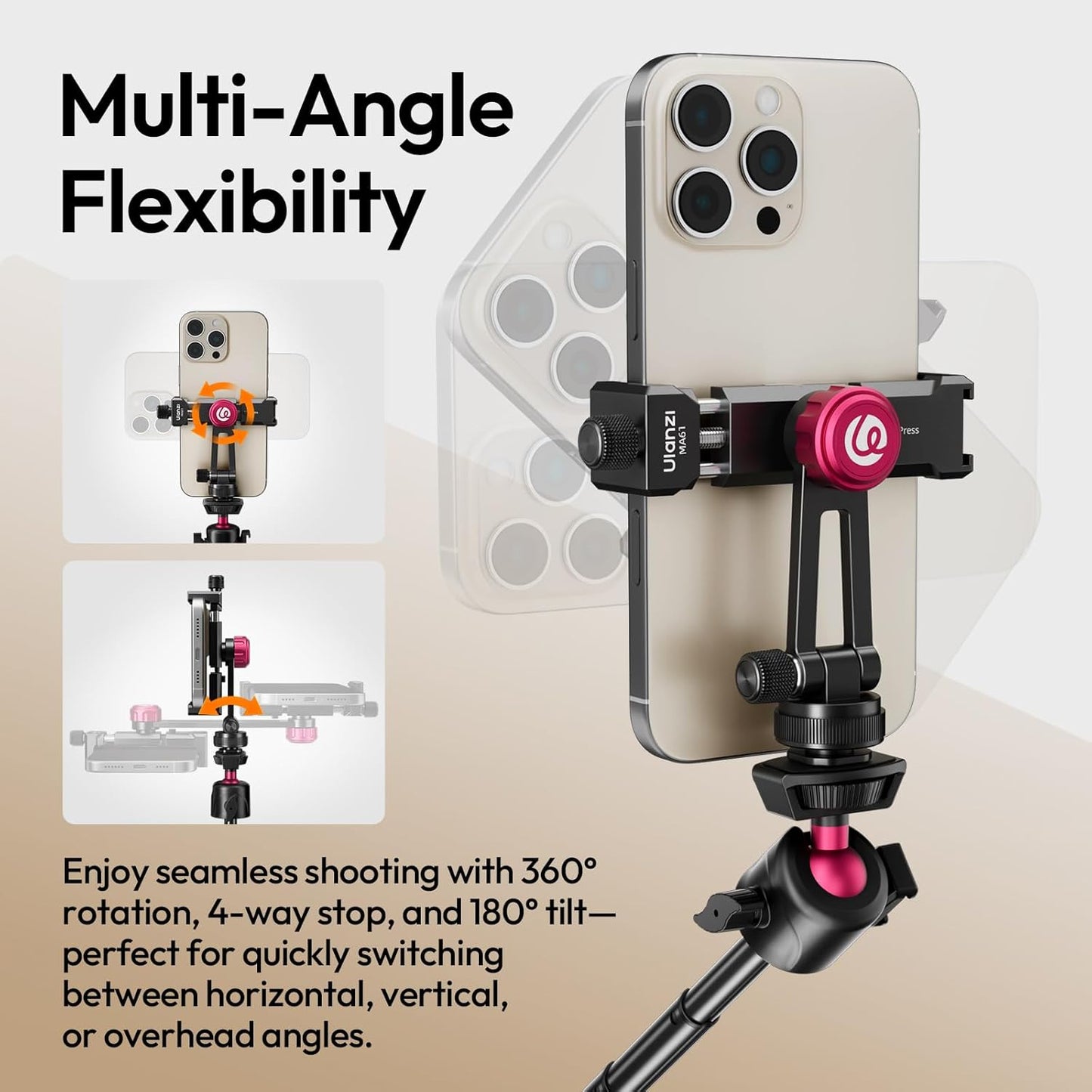 ULANZI MA61 Metal Phone Tripod Mount with Cold Shoe, 360° Adjustable Hot Shoe Camera Phone Mount for iPhone 16 15 14 Pro Max, Samsung Galaxy, Aluminum Alloy Clamp for Vlogging, Live Streaming, Video