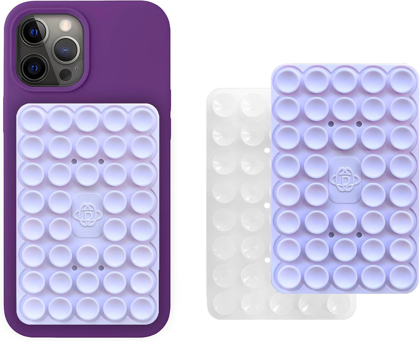 Silicone Double-Sided Suction Phone Grip Detachable Mount - Car Dashboard/Shower Phone Holder, Hands-Free For Selfies & Videos, ASMR- iphone & Android Compatible (Large, Lavender+Transparent)