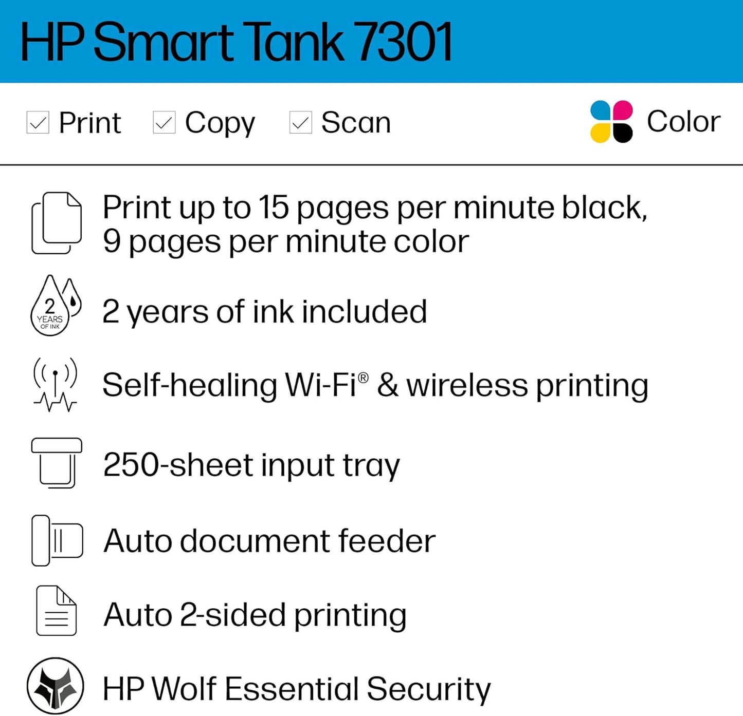 HP Smart Tank 7301 Wireless All-in-One Refillable Ink Tank Printer, Scanner, Copier with 2 years of ink included, Best for home office(28B70A)