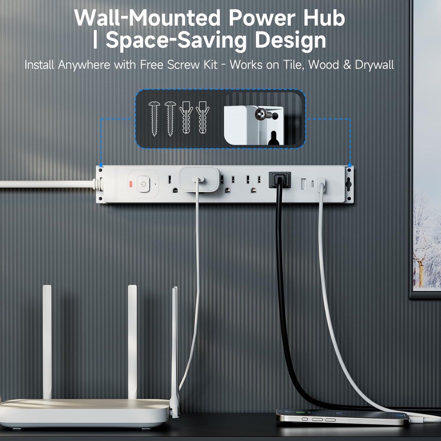 10 Ft Power Strip Surge Protector with USB Ports, Flat Plug Extension Cord, 5 AC Outlets and 3 USB Charging Ports, Wall Mountable, ETL Listed – White for Home, Office, Dorm