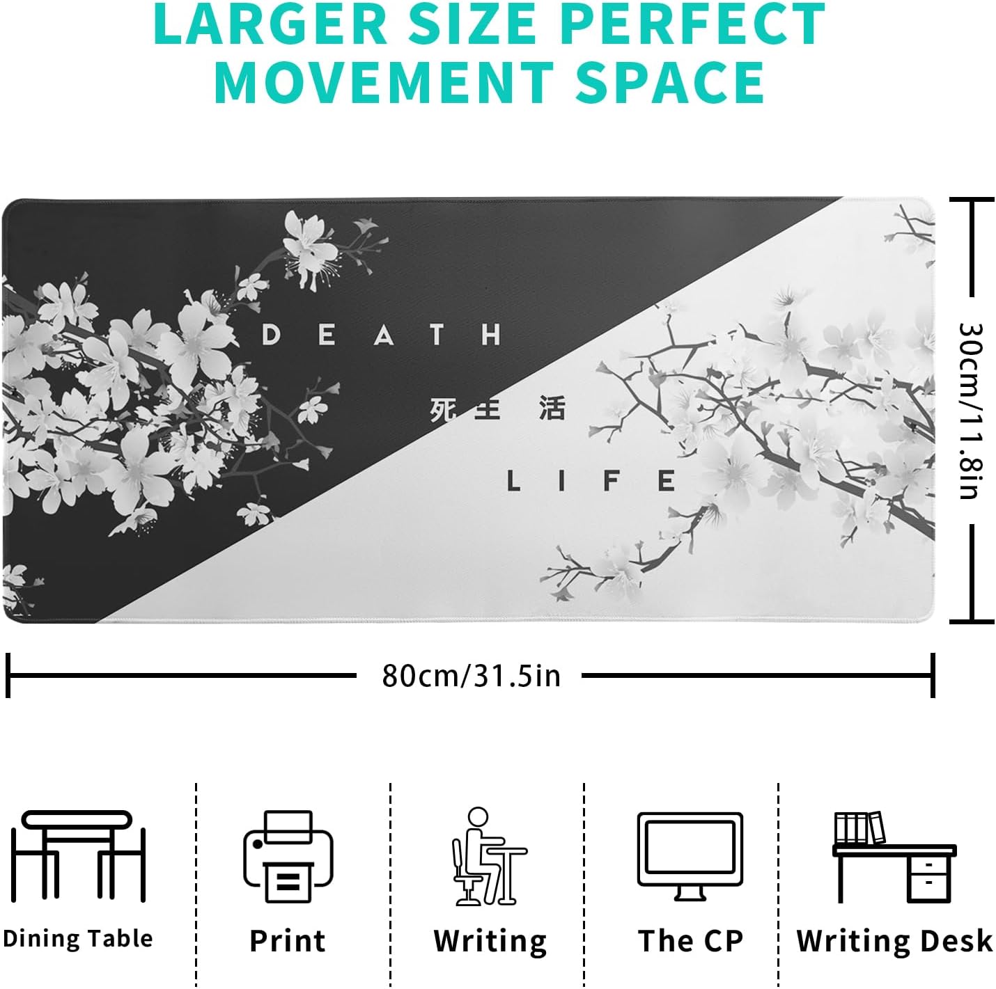 Black and White Mouse Pad 31.5 X 11.8 Inch Japanese Cherry Blossom Extended Large Mouse Mat Non-Slip Rubber Mousepad Stitched Edges Keyboard Mouse Mat Desk Pad for Office Home Game