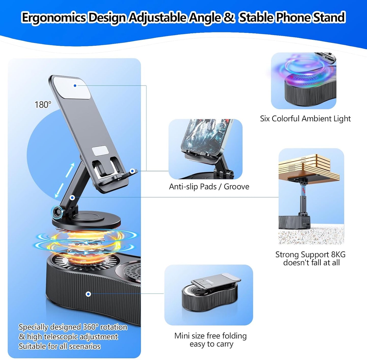 Gifts for Men Women,Cell Phone Stand with Wireless Bluetooth Speaker,Colorful Ambient Light 360° Foldable for Tablet iPhone Android 2 Wireless Microphones HD Surround Sound (Black)