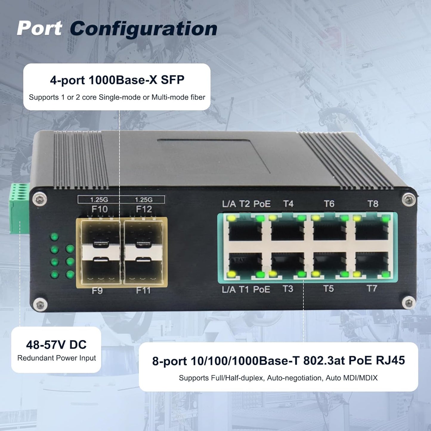 Industrial Managed 8-Port 10/100/1000Base-T PoE Switch with 4-Port 1000Base-X SFP, IEEE 802.3af/at 30W PoE Ethernet Switch, L2 Web Management Support Ring Network by USB-C Port Connection