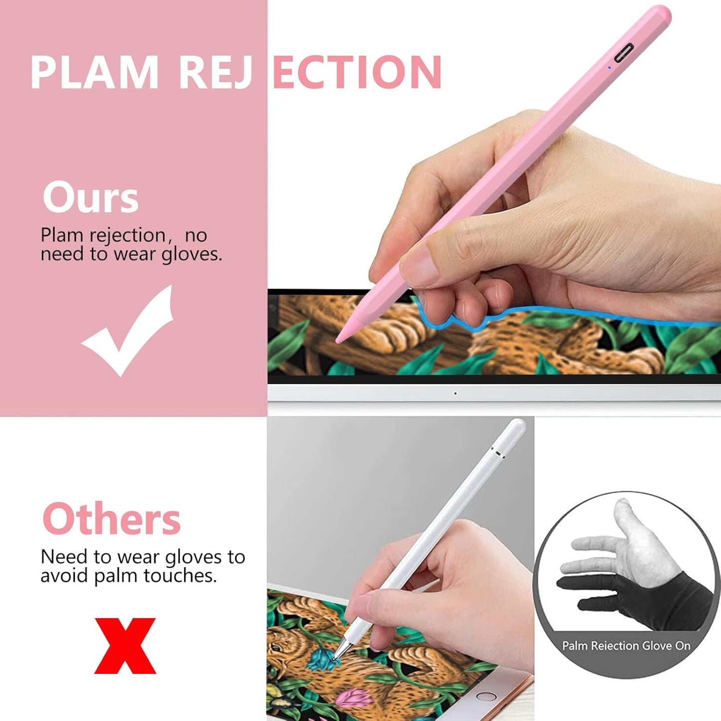 Stylus Pen for iPad 2018-2023 With Palm Rejection, Active Pencil for iPad Pro 11/12.9 Inch, Air 5th/4th/3th Gen, Mini 6th/5th Gen, 10th/9th/8th/7th/6th Generation (Pink)
