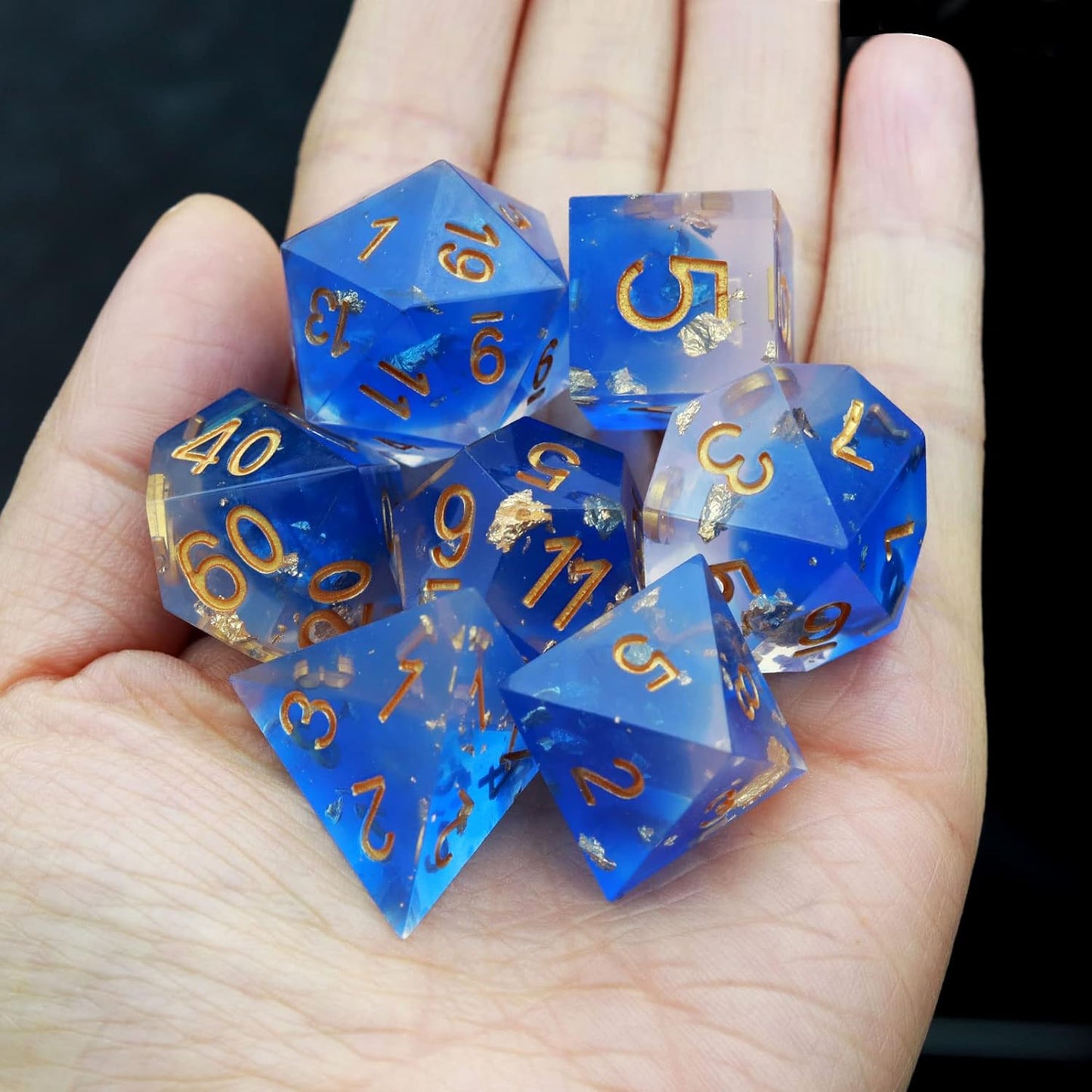 Haxtec Blue DND Dice Set Sharp Edge Resin Dice Gold Flakes with Dice Case D&D Dice for RPG Role Playing Games Compatible with Dungeons and Dragons Gift War Series