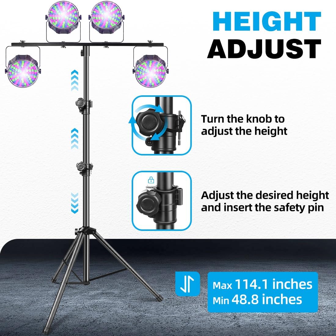 DJ Stand, T-Bar Tripod Stage Lights Stand Portable and Adjustable 49-114 Inch Heavy Duty for Stage, Bar, Par Light