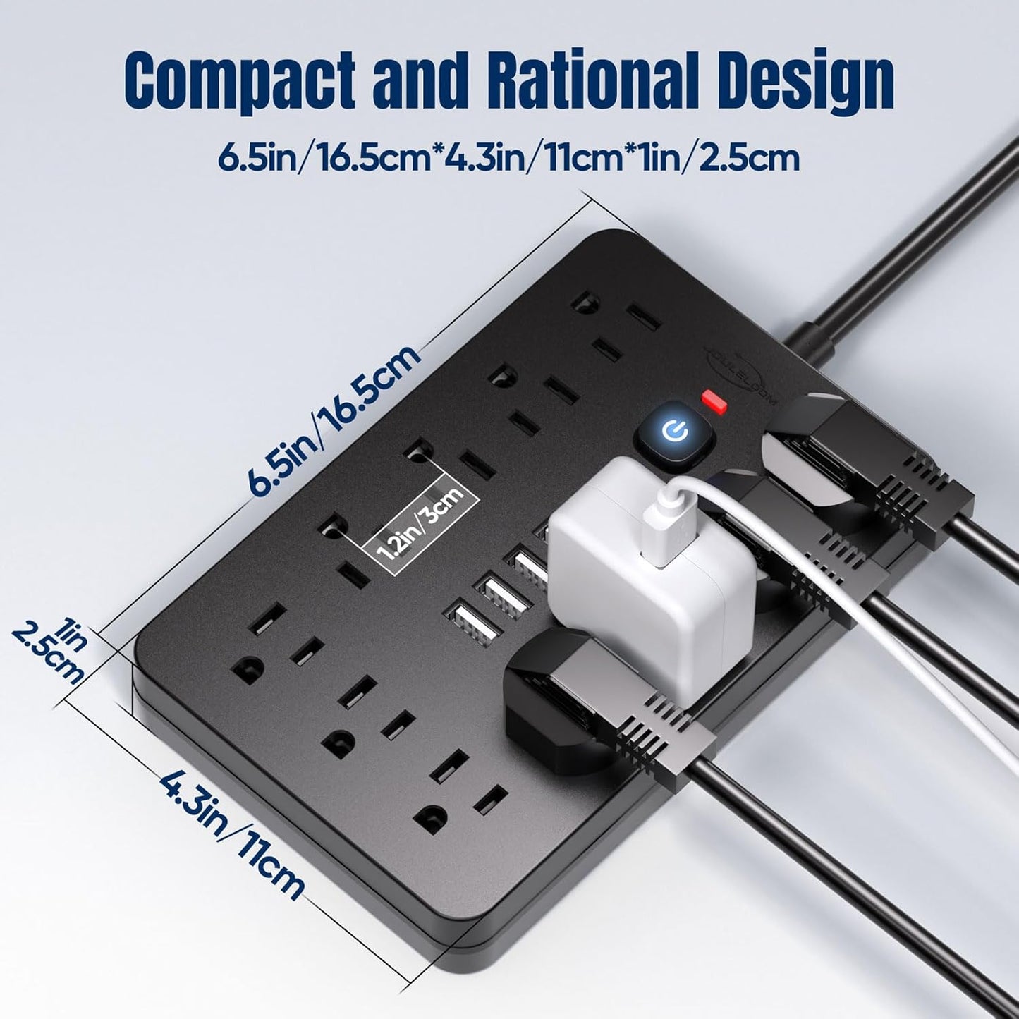 15 FT Flat Plug Surge Protector Power Strip,11 Multiple AC Outlets with 6 USB Ports (2 USB C), 15 Feet Extension Cord, 1250W/10A, One Touch Switch Button, 17 in 1 Compact powerstrip