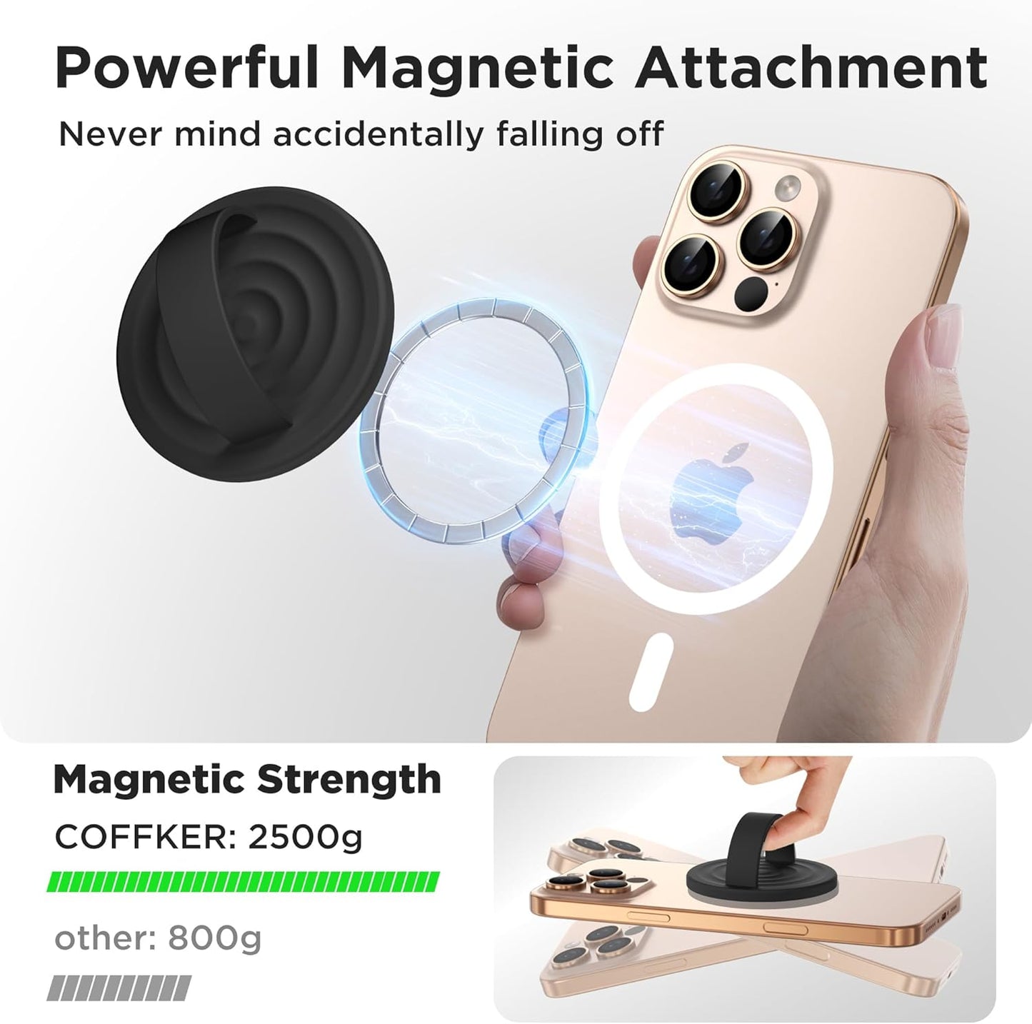 Magnetic Phone Ring Grip Holder, Silicone Finger Loop Grip, Compatible with MasSafe, Back of Phone for iPhone Pro Max/Plus/16/15/15/14/13/12 Series, Black