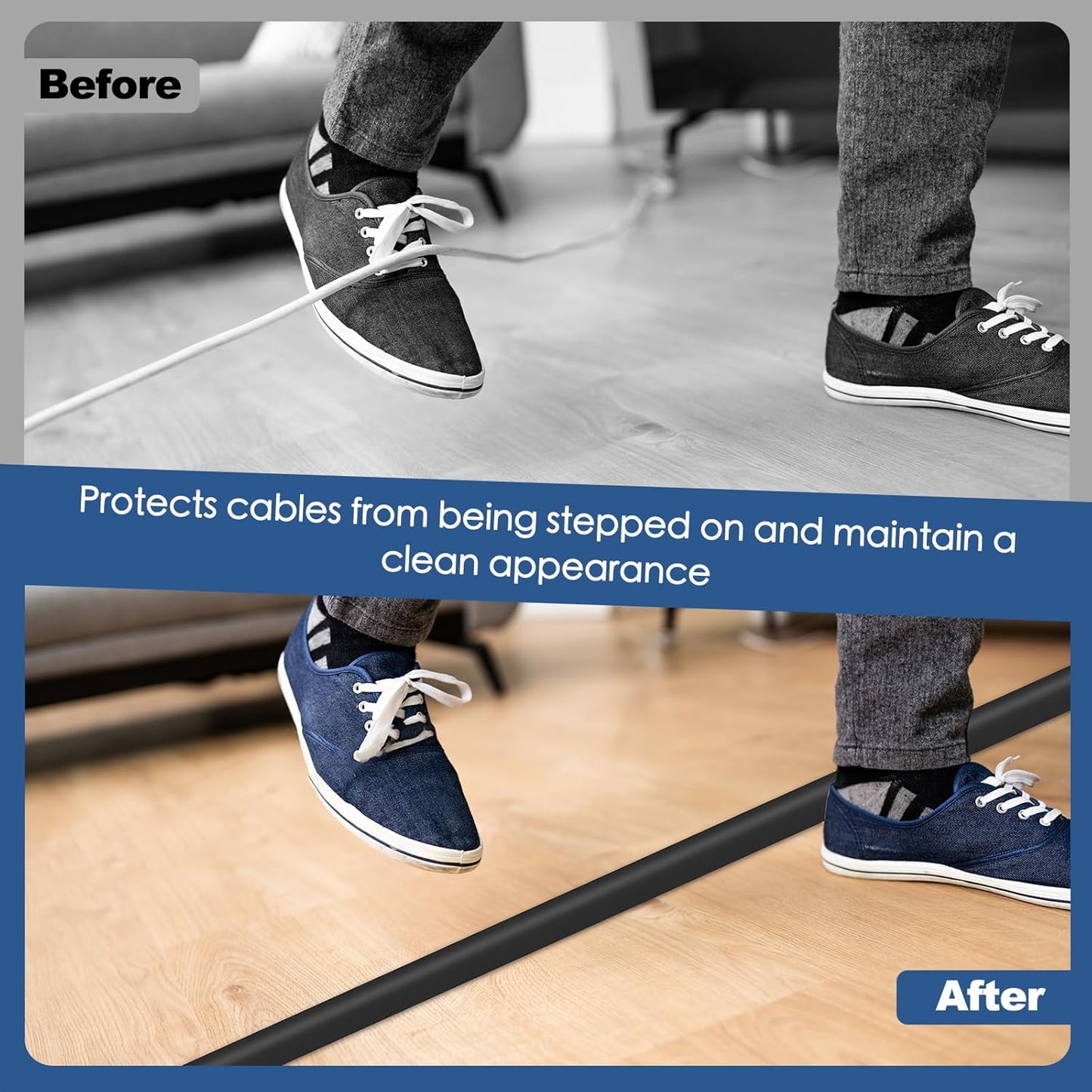 Floor Cord Cover for Wires on Floor Self Adhesive Cord Hider Floor Cable Management Wire Covers for Cords Protector Prevent Cable Trips Cord Cavity W 0.32" x H 0.32", Black, 3.3Ft