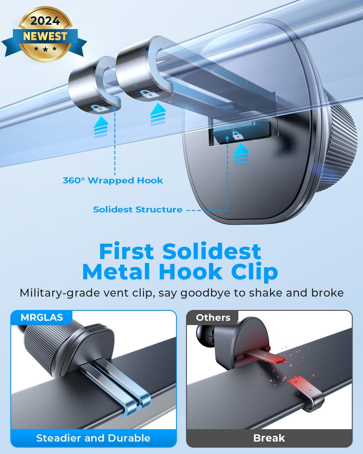 Phone Holders for Your Car with Double Metal Hook Clip, 【One-Hand Operation】 Air Vent Cell Phone Car Mount, Universal Automobile Cradle Fit for iPhone Android and All Smartphones, Dark Black