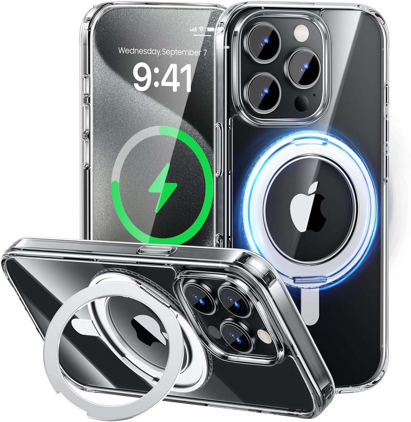 MAGIC JOHN for iPhone 15 Pro Case 360° Rotatable Magnetic Invisible Stand, Fit for MagSafe 15 Pro Phone Case, 16FT Military Grade Shockproof for iPhone 15 Pro Case with Kickstand, Clear