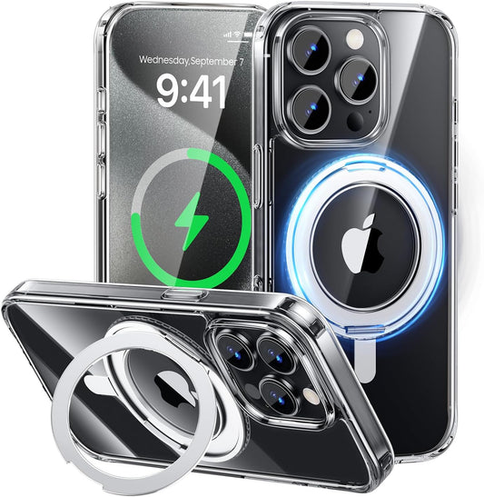 MAGIC JOHN for iPhone 15 Pro Case 360° Rotatable Magnetic Invisible Stand, Fit for MagSafe 15 Pro Phone Case, 16FT Military Grade Shockproof for iPhone 15 Pro Case with Kickstand, Clear