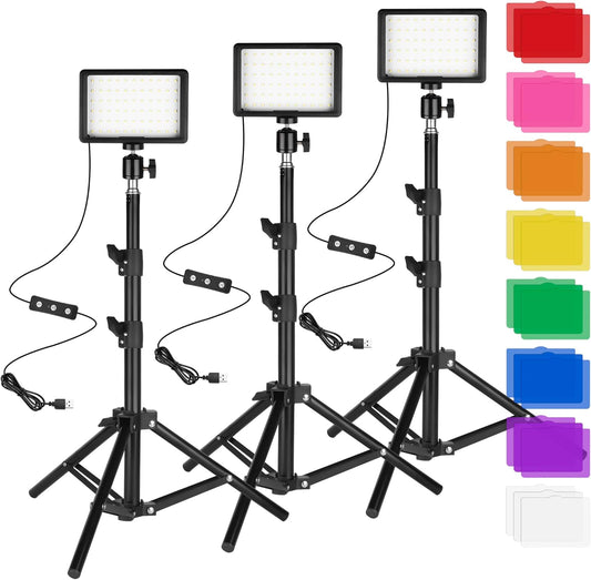 LED Photo Video Light 3-Pack, Ci-Fotto Dimmable 5600K USB LED Continuous Light Photography Light with Tripods and Color Filters for Photo Studios, YouTube, TikTok, Video Recording, Game Streaming