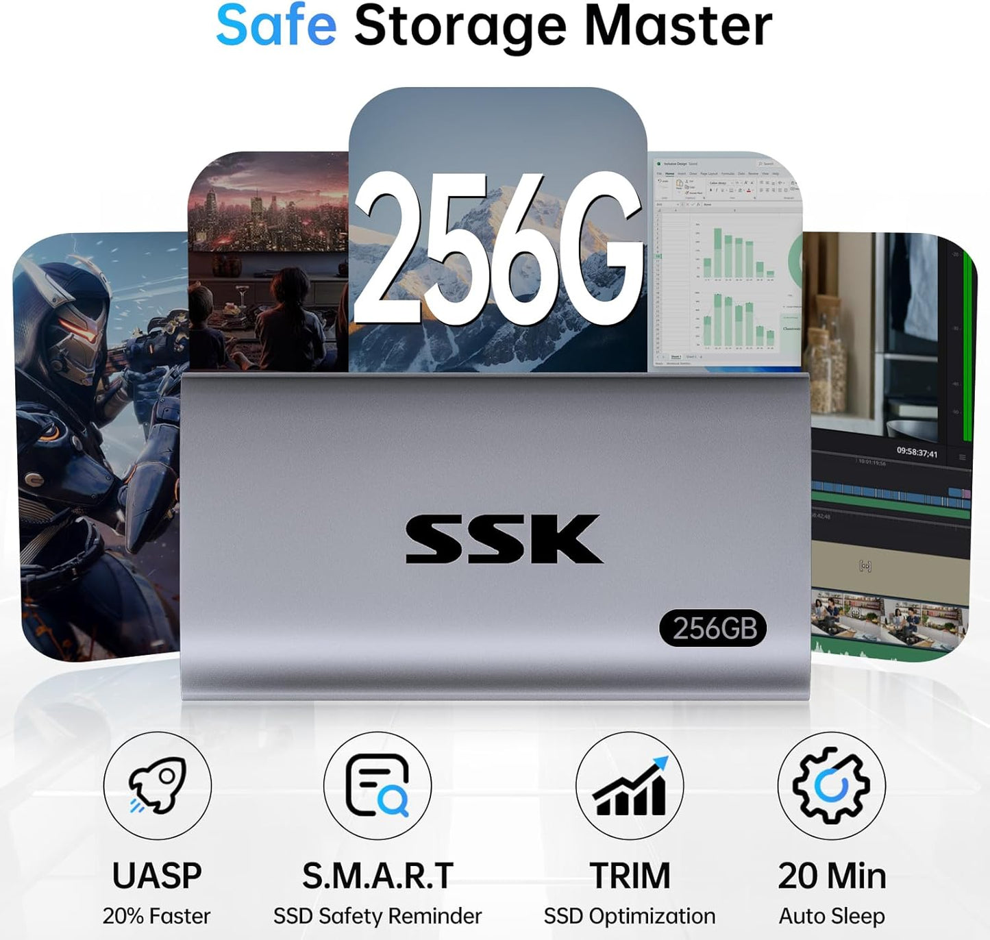 SSK 256GB SSD External Hard Drive, Portable SSD Up to 550MB/s Fast Solid State Drives, External Drive USB 3.2 Gen2 for iPhone 15/Pro, Windows, Mac, Android with LED Light, Trim, Smart Supported