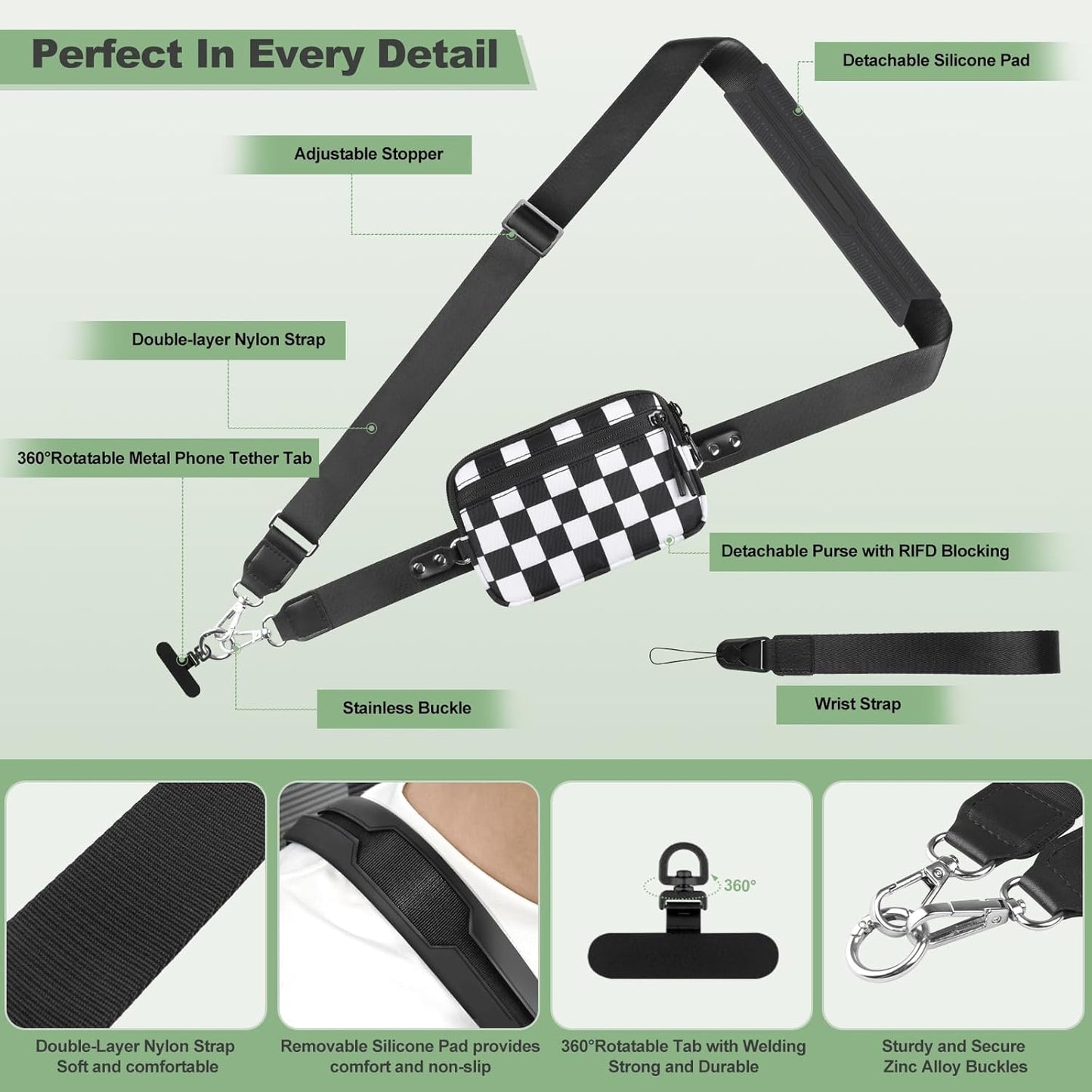 Clip and Go Strap for Phone with Wallet Crossbody, Adjustable Phone Lanyard with Detachable RFID Wristlet Wallet, Phone Strap with Phone Tabs for All Phones, Black Checkered (M)