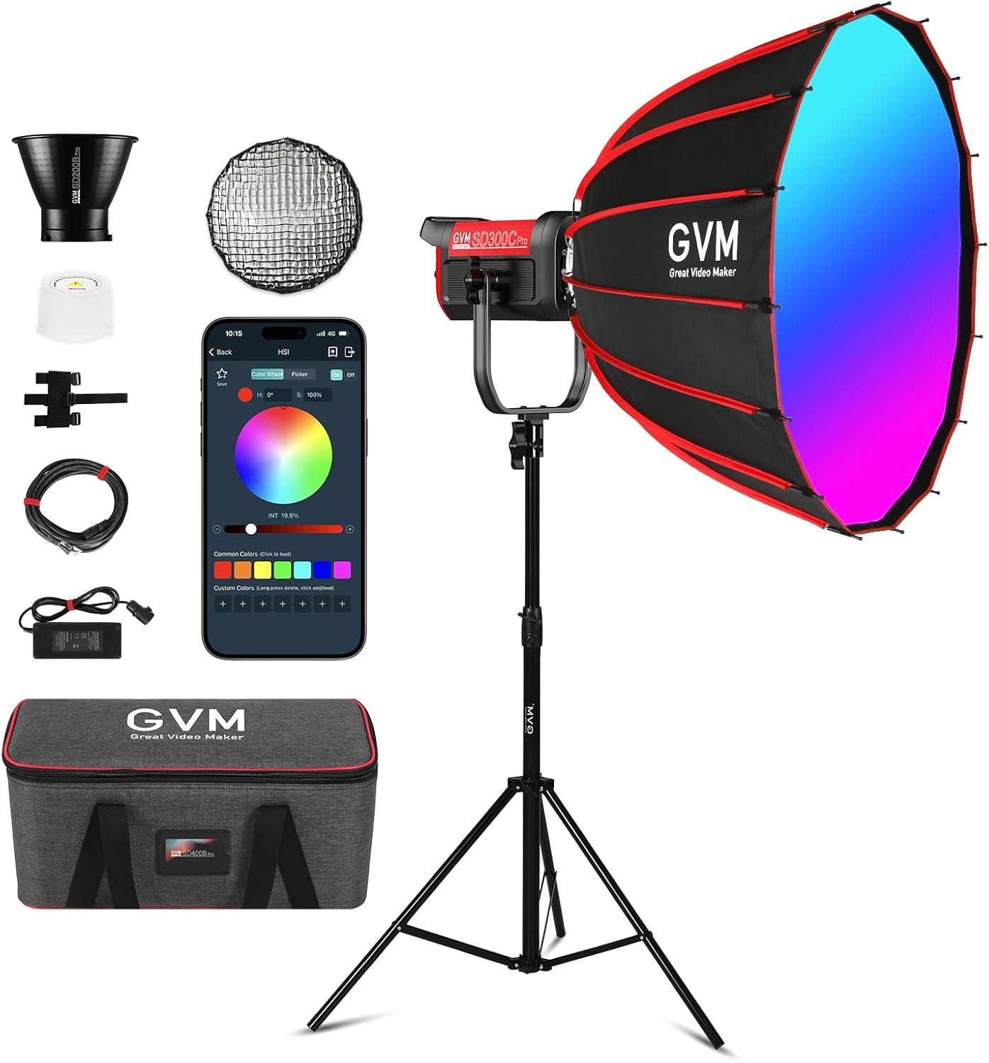 GVM RGB 300W Video Light Kit with Parabolic Softbox and Stand, Photography Lighting for Camera Studio Recording with Bowen Mount, COB Film Light with APP&DMX, Aluminum Alloy, 2000-10000K, CRI 97+