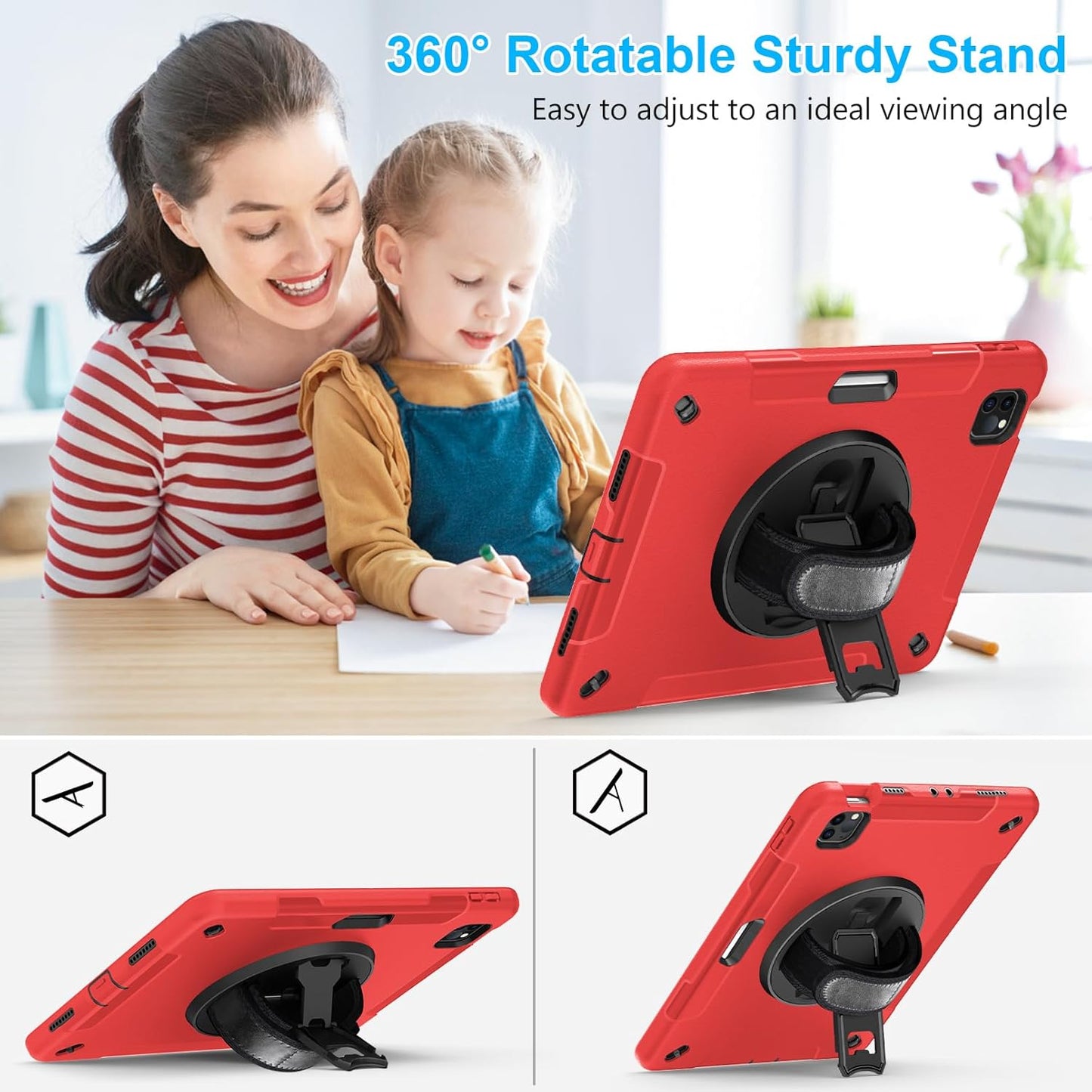 Case for iPad Pro 11 Inch 2022/2021/ 2020/2018: Cover for iPad 11 Inch 4th/ 3rd/ 2nd/ 1st Generation with Screen Protector- Stand- Handle- Shoulder Strap- Pencil Holder Red