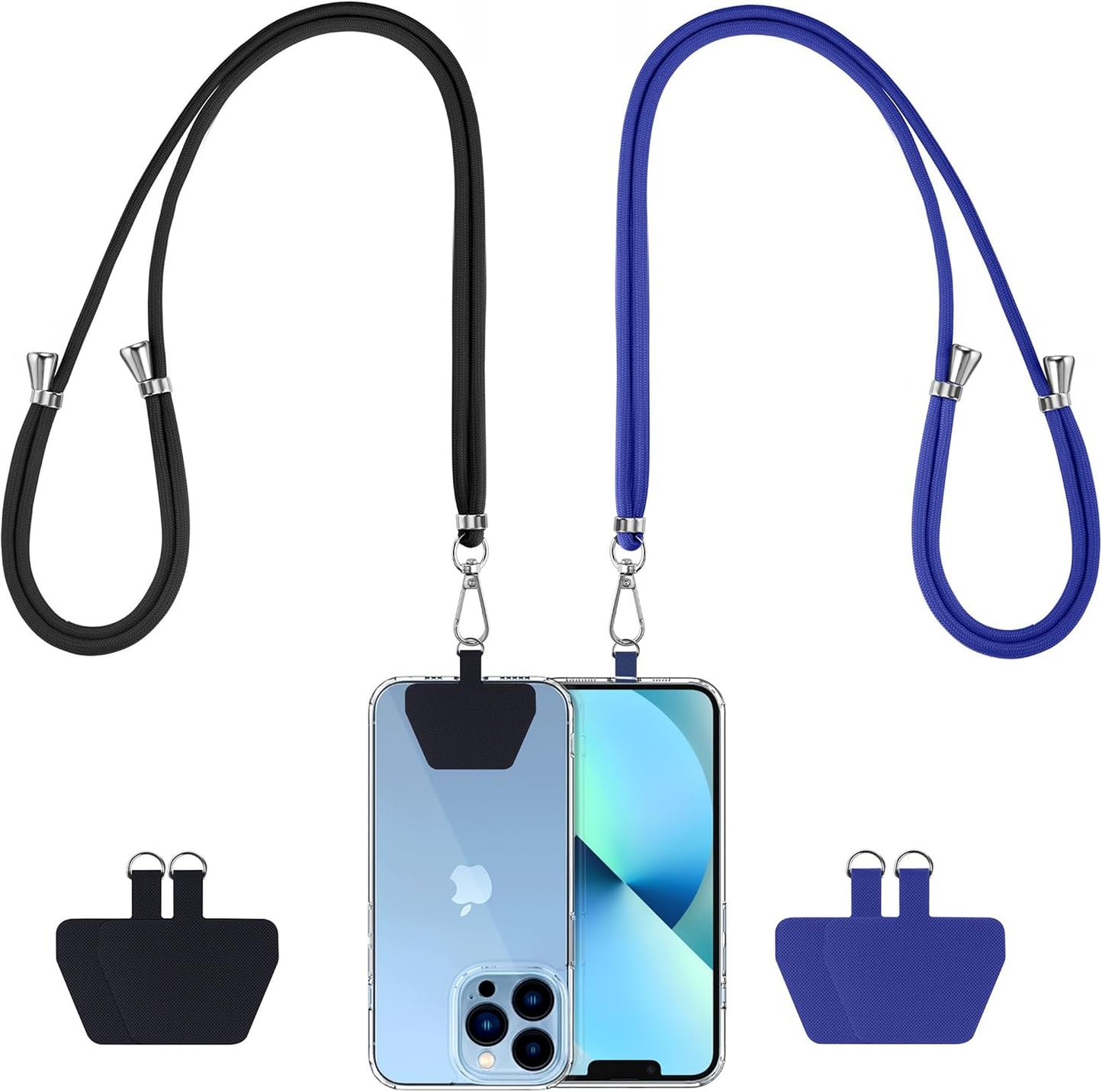 CACOE Phone Lanyard 2 Pcs-2 Pcs Adjustable Neck Strap, 4 Pcs Phone Patches, Universal Crossbody Multifuctional Cell Phone Lanyards Compatible with Most Smartphones(Black+Dark Blue)