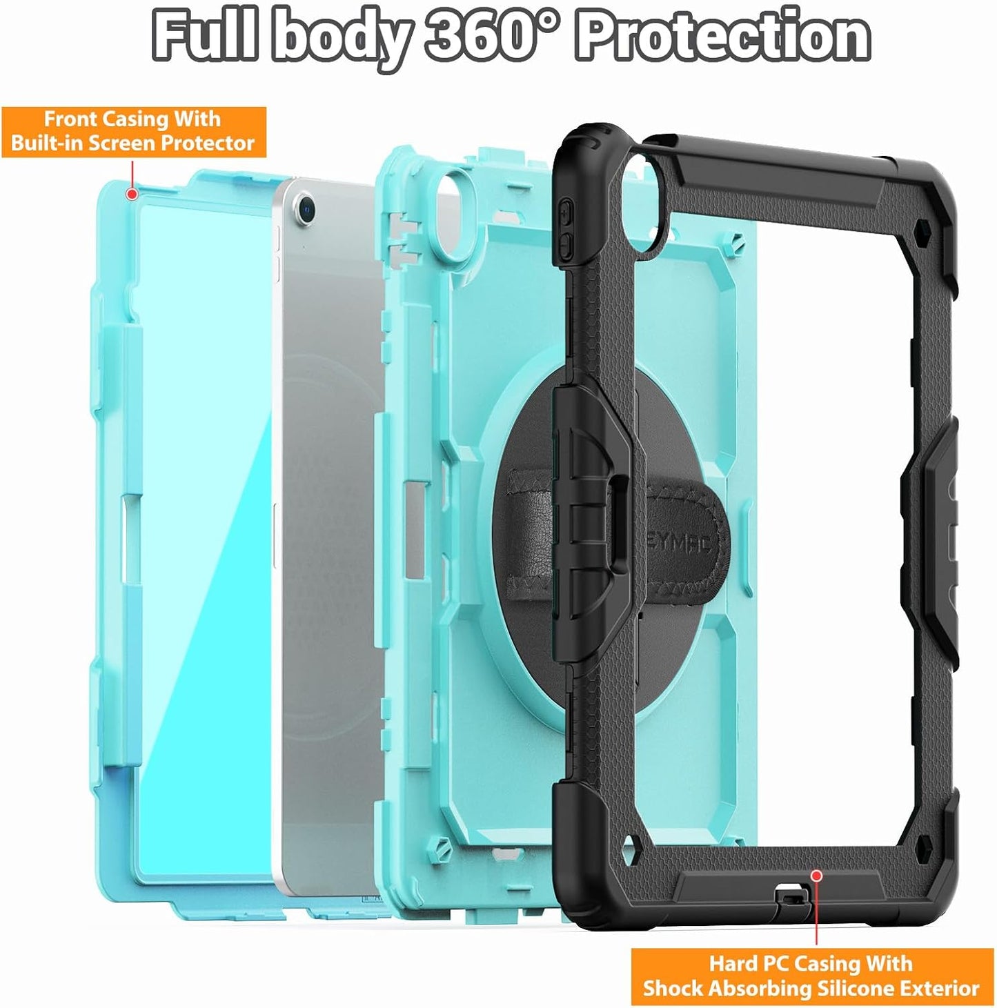 SEYMAC for iPad Air 13 Inch Case M3 2025/ M2 2024, Heavy Duty Shockproof Protective Case with Screen Protector, 360° Rotating Stand, Hand/Shoulder Strap and Pen Holder for iPad Air 13, Light Blue