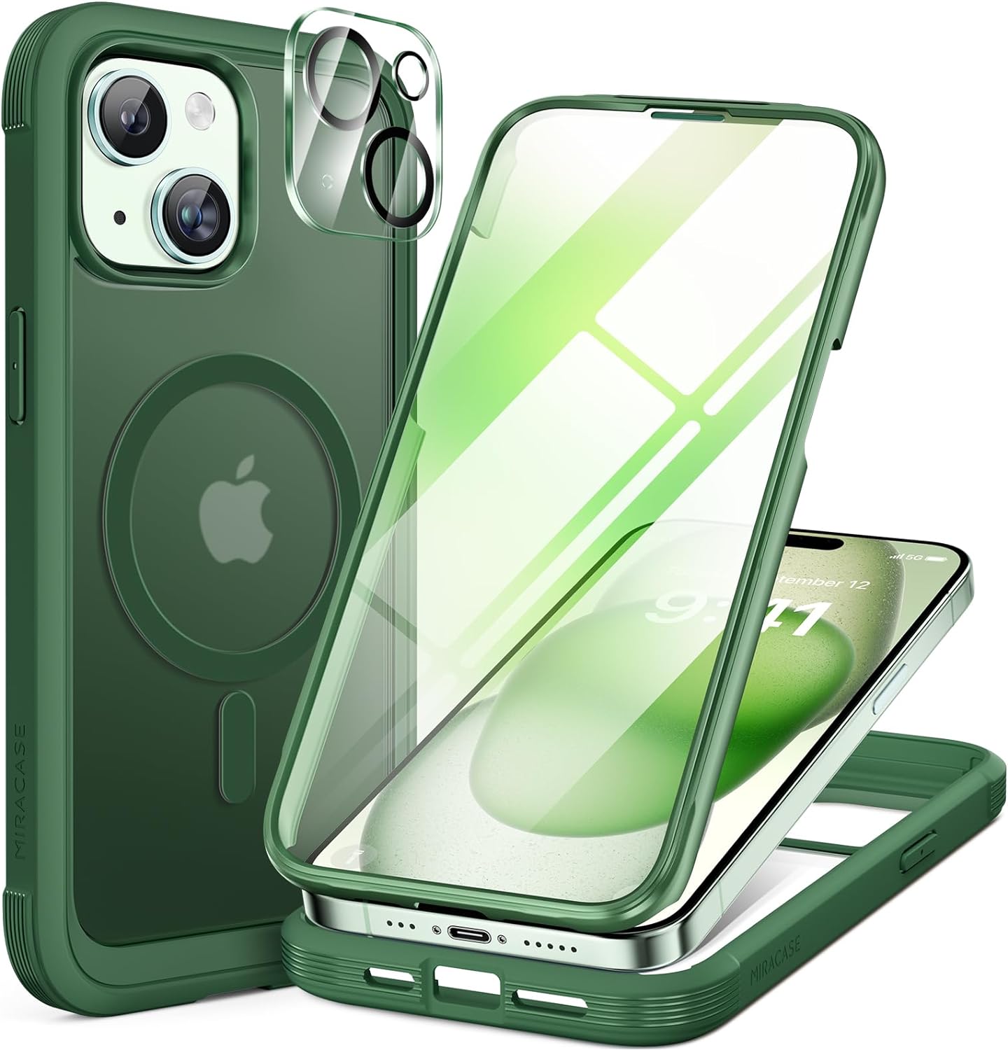 Miracase Glass Series for iPhone 15 Case [Compatible with MagSafe] Full-Body Magnetic Case with Built-in 9H Tempered Glass Anti-Fingerprint Screen Protector + Camera Lens Protector, Matte Green