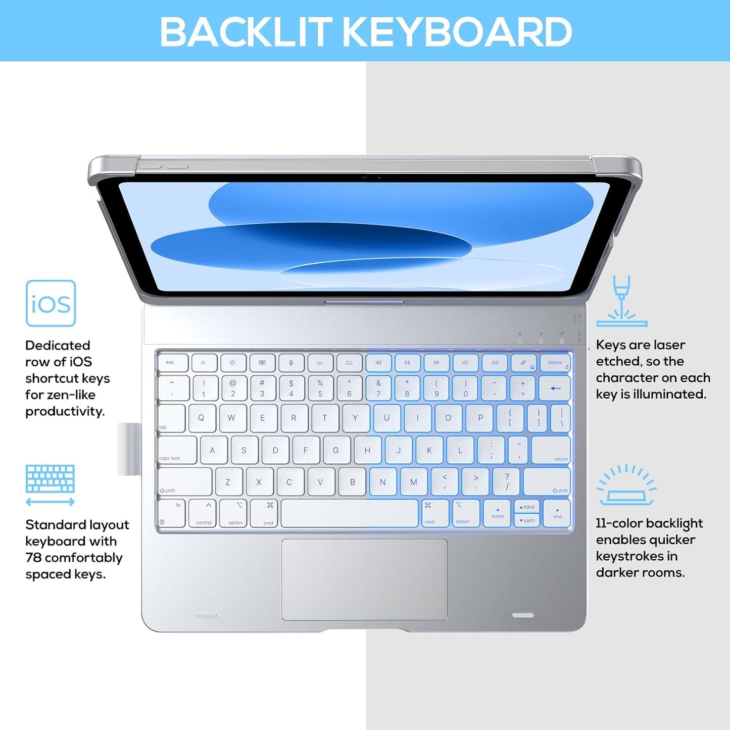 typecase Touch iPad 10th Generation Case with Keyboard (10.9", 2022) and iPad A16 (11th Gen, 2025) – 360° Rotatable, 11-Color Backlit, Multi-Touch Trackpad, Thin & Light (Silver)