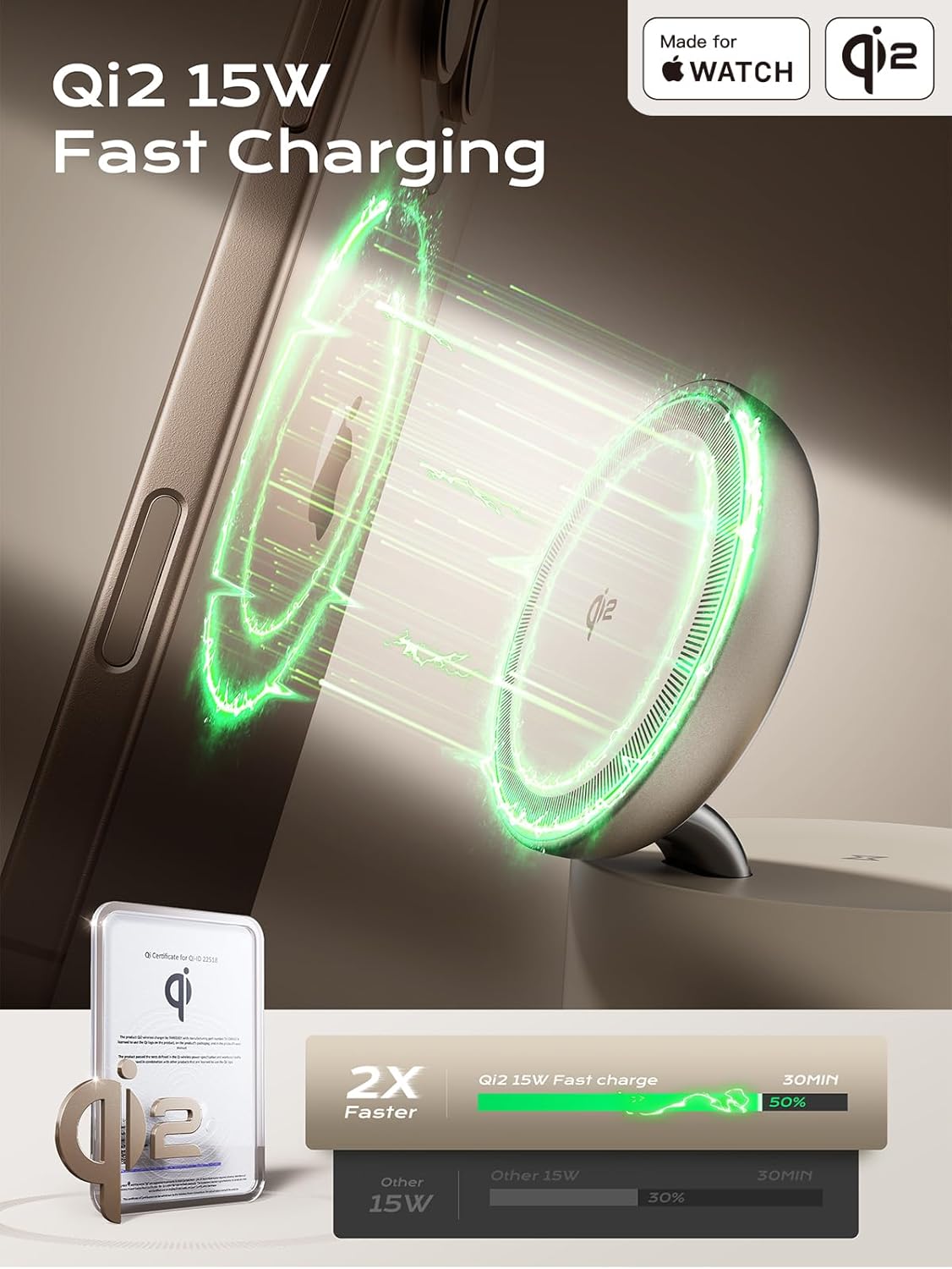 MFI Certified by Apple, 4 in 1 Magsafe Wireless Charging Station, Qi2 15W Magsafe Charger for iPhone 17/16/15/14/13/12 Series, iWatch, Airpods, iPad, 65W Charger Included (Sand, 3 in 1)