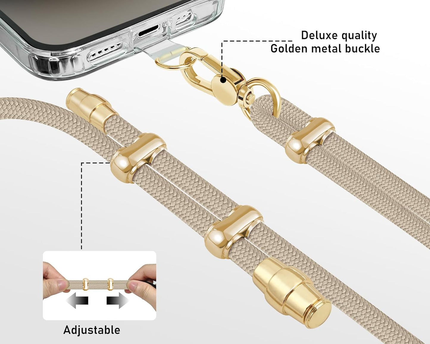 Cell Phone Lanyard Adjustable Crossbody Phone Lanyard *1 Phone Wrist Strap *1 with Deluxe Gold Matal Buckle + Clear Tether Tabs *2 for Shopping Travelling Hiking(KHAKI)