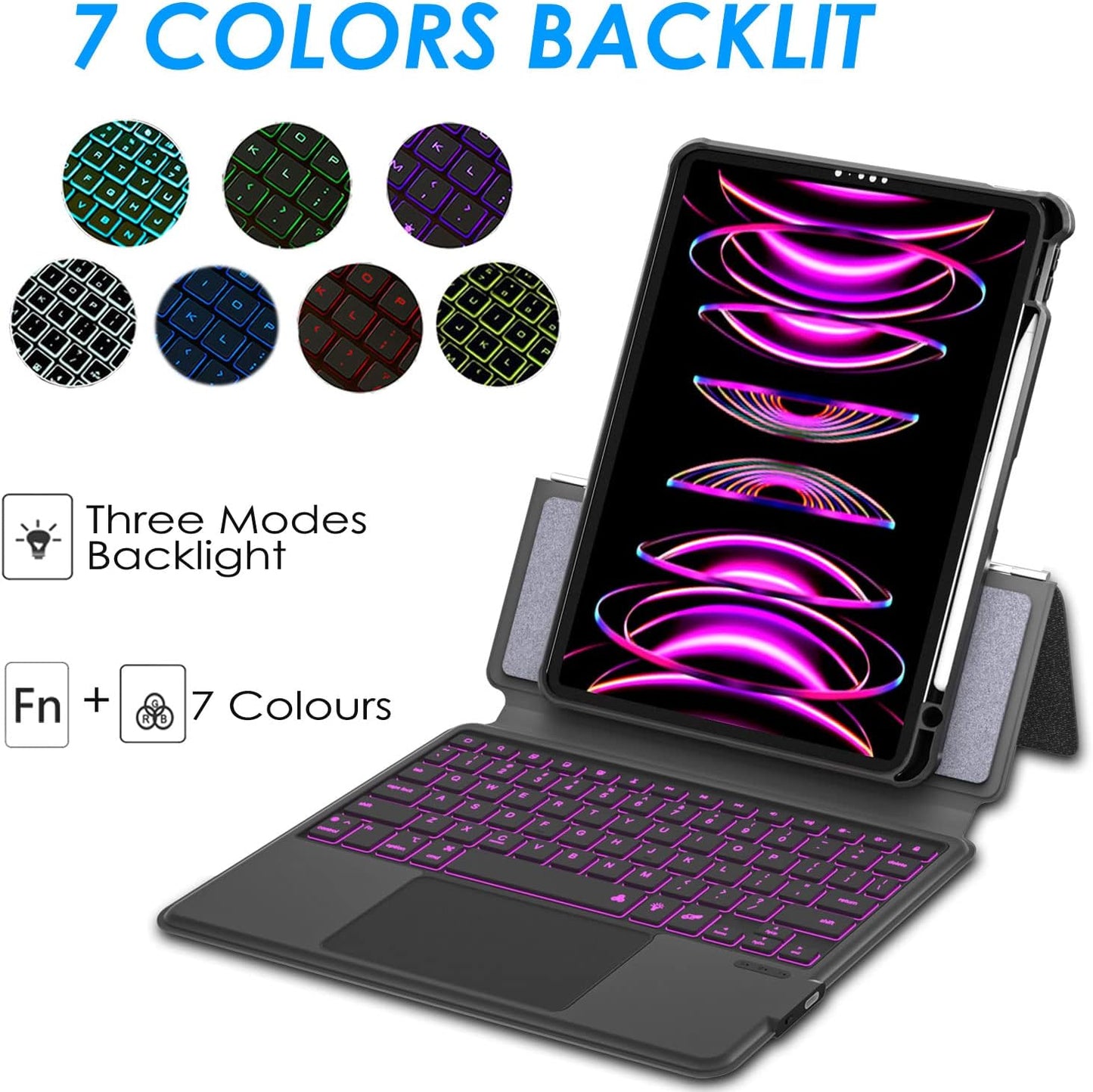 iPad 12.9 Keyboard Case for iPad Pro 12.9 inch 6th 2022/5th 2021/4th 2020/3rd 2018-7 Color Backlight,Touchpad Detachable Slim Cover with Pencil Holder (12.9",Black)