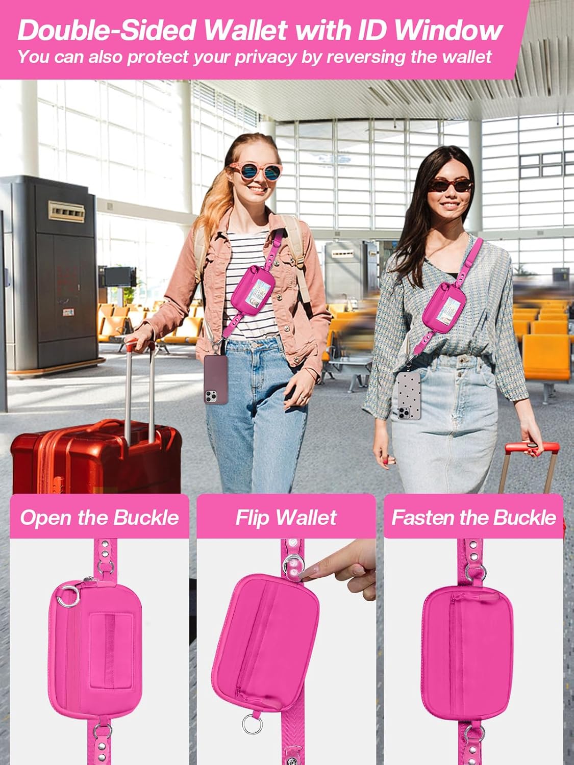 Clip and Go Strap for Phone with Wallet Crossbody Phone Lanyard Adjustable and Detachable RFID Wristlet Wallet with ID Window and Zipper, Hot Pink