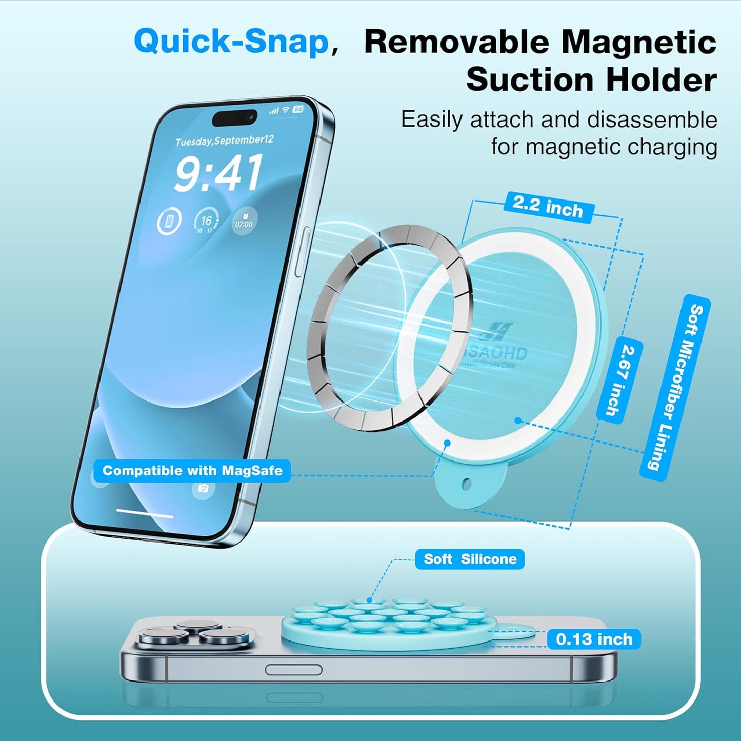 Magnetic Suction Cup Phone Mount for MagSafe Case, Silicone Hands-Free Grip Holder for iPhone and Android, Mirror Shower Phone Stand for Makeup FaceTime Gym Kitchen Bathroom, Sea Blue