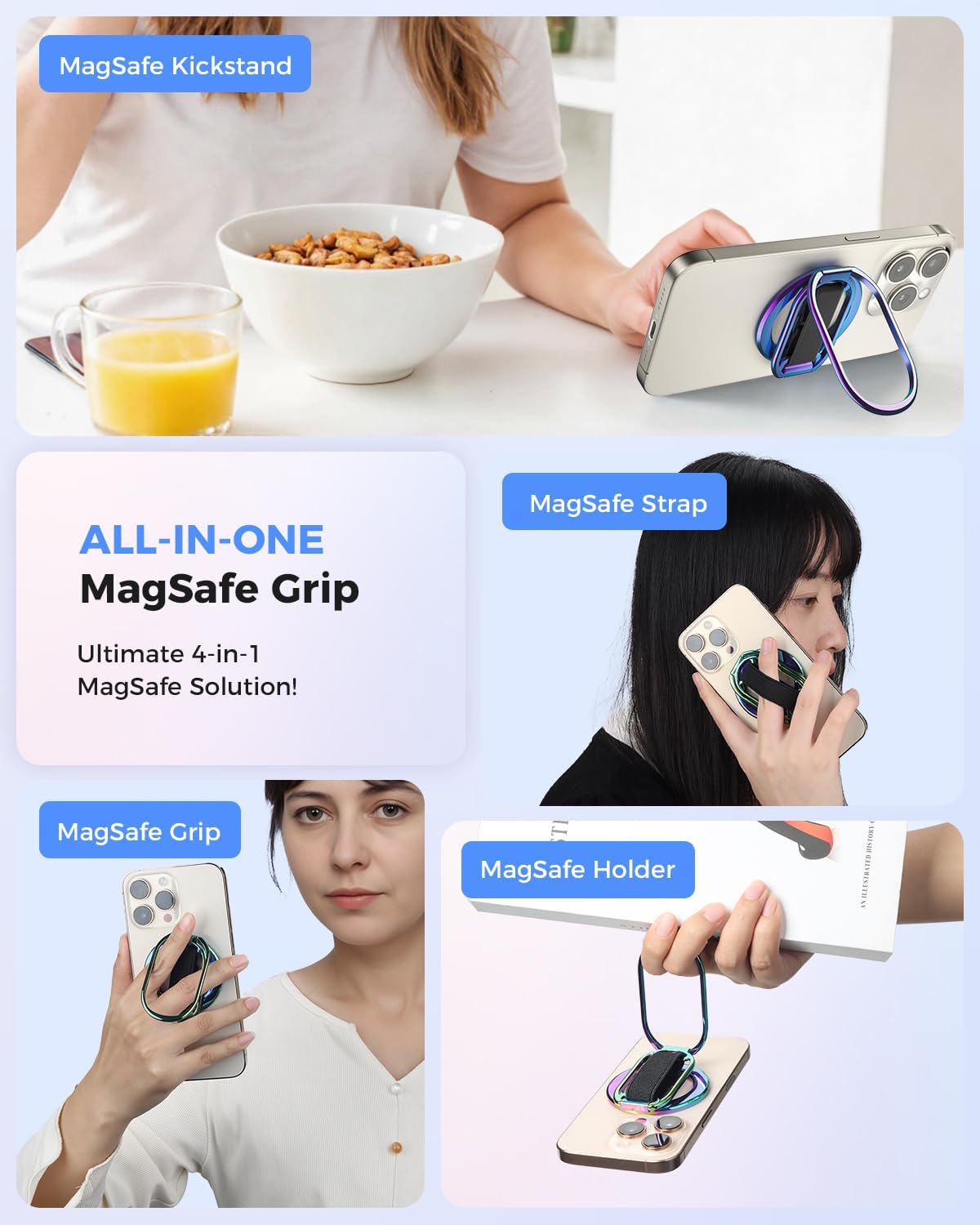 [2025 Newest] SUPERONE for Magsafe Phone Grip for Magnetic Kickstand Compatible with Mag Safe Finger Loop, 4-in-1 Phone Ring Holder Strap for Magnetic iPhone 16/15/14/13/12 (Silver)