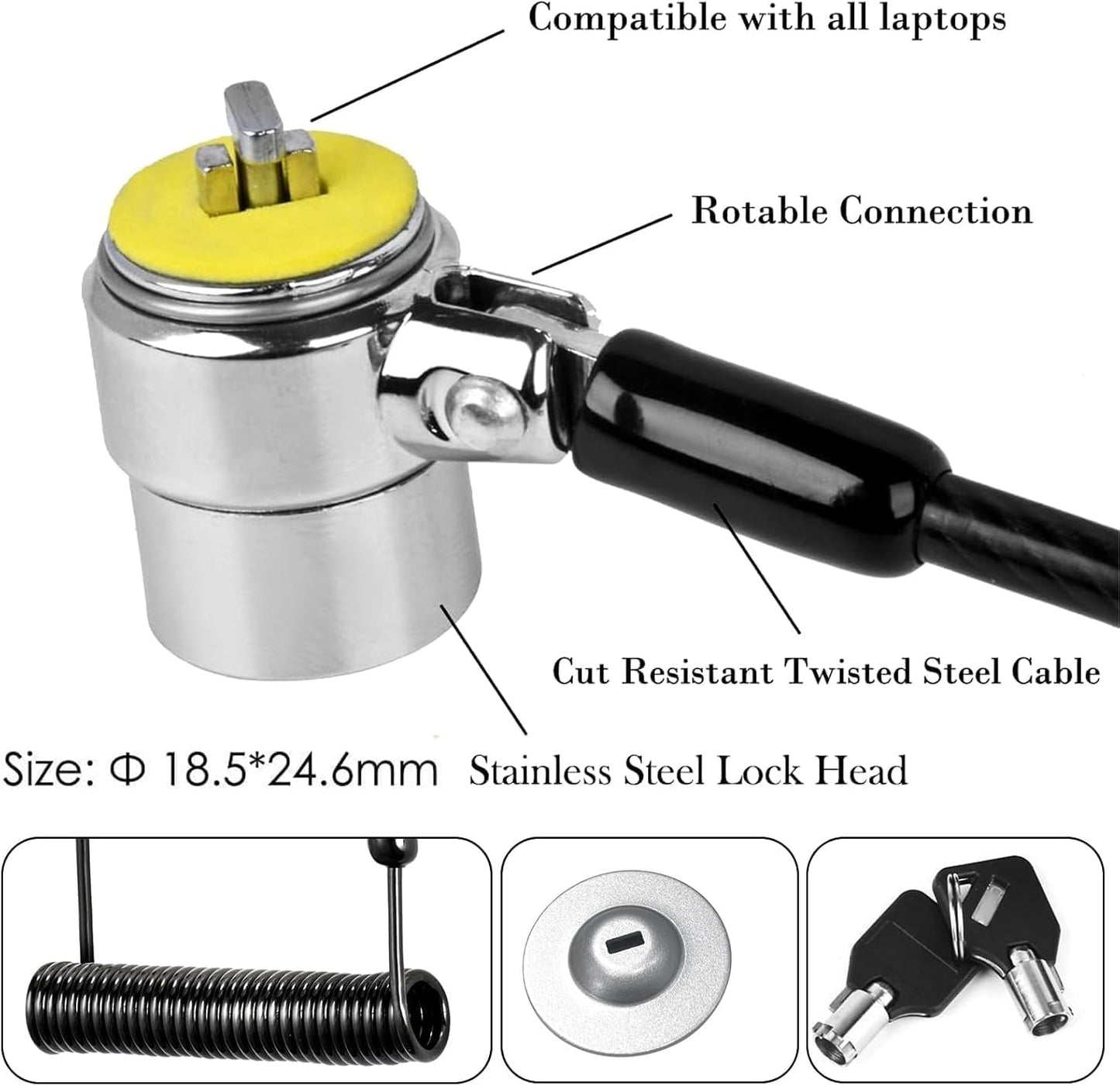 I3C Laptop Lock Cable 6ft Cut-Resistant Security Cable with 360° Rotating Lock for Wedge Slot Laptops 7x3mm Anti-Theft Computer Lock for Office, Library, Travel, Students & Business