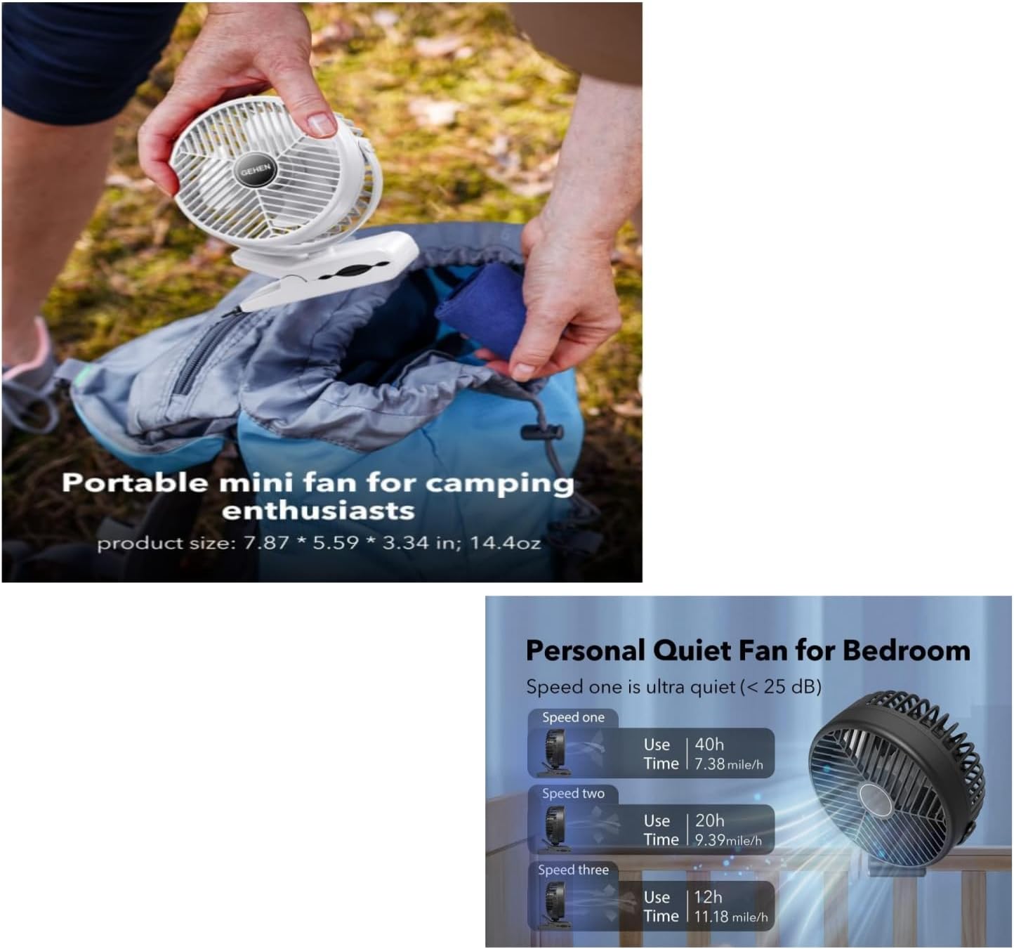 Portable Clip-on Fan 10000mAh Rechargeable Battery Powered – 3-Speed Quiet Desk & Clamp Fan for Stroller, Camping, Office & Bedroom – 360° Rotation-1PACK-White