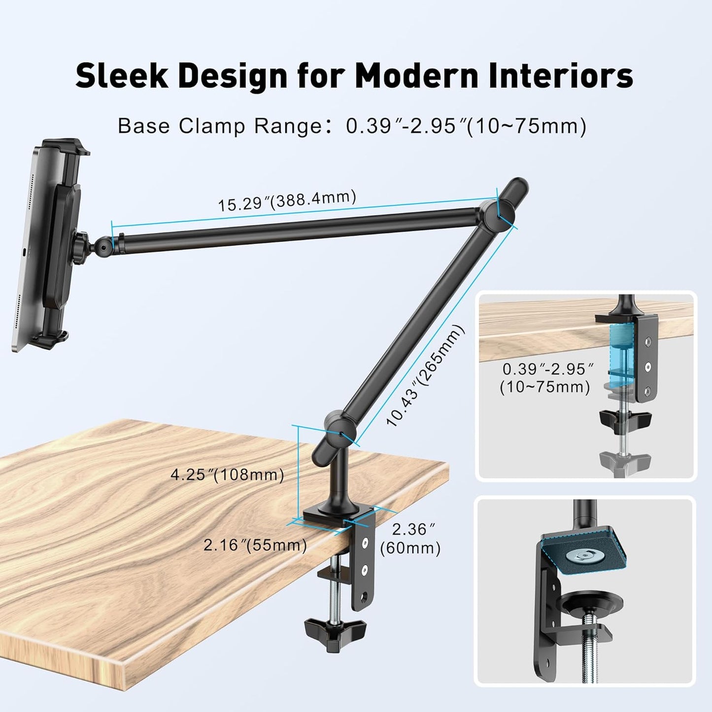 AboveTEK Tablet Stand Holder, Aluminum iPad Holder for Desk & Bed, Adjustable Arm Clamp Mount with 360° Rotation, Overhead Compatible with 4.7"-13.5" iPad Pro/Air/Mini, iPhone, Galaxy Tab- Black