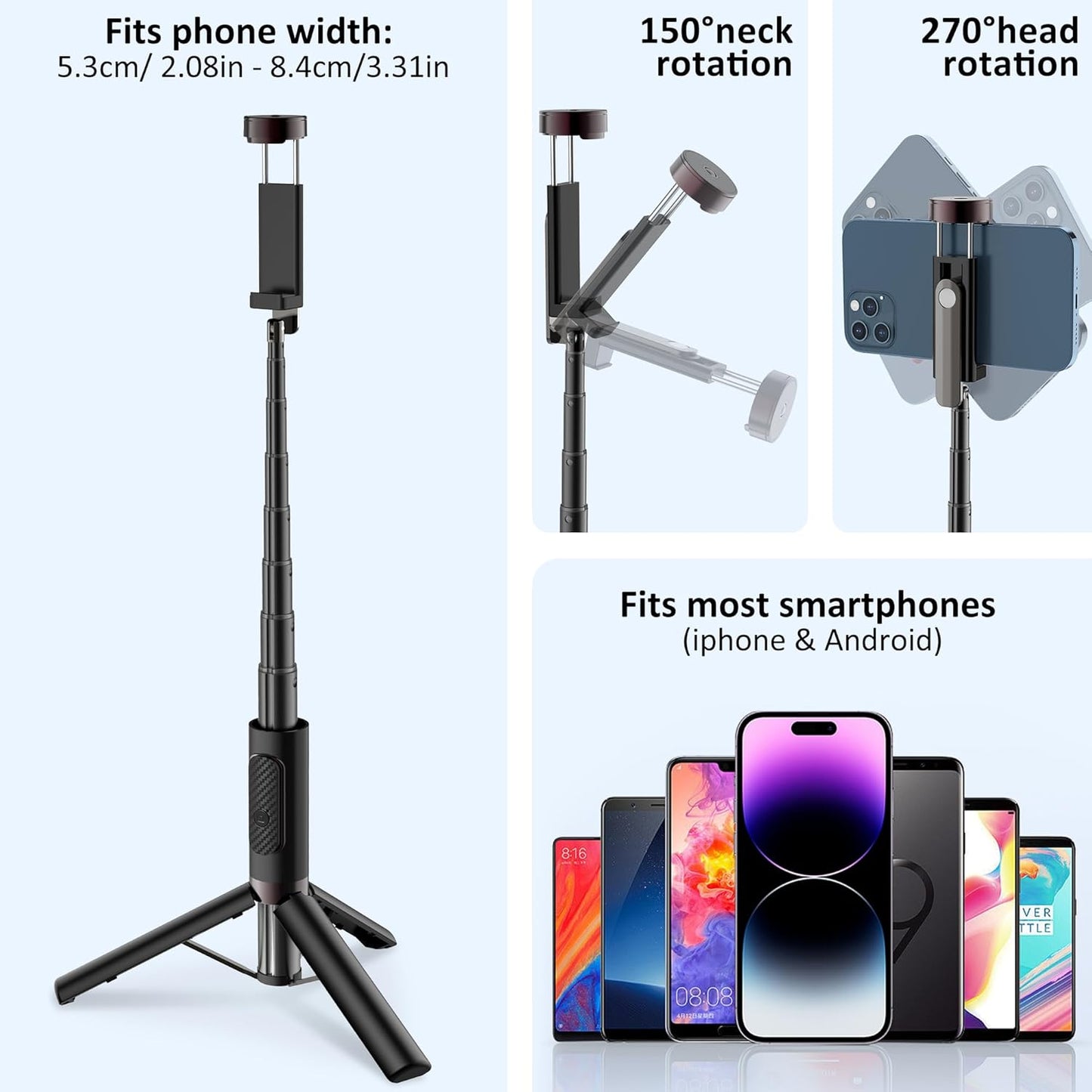 Selfie Stick Aluminum Alloy Selfie Stick Tripod with Remote Foldable Travel Tripod Stand 270 Rotation Compatible with iPhone/Android/Go Pro Camera