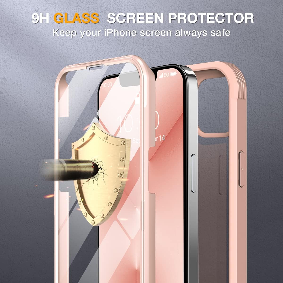 Miracase Glass Case for iPhone 13 Pro Max 6.7 inch, Upgrade Full-Body Clear Bumper Case with Built-in 9H Tempered Glass Screen Protector for iPhone 13 Pro Max, Pink