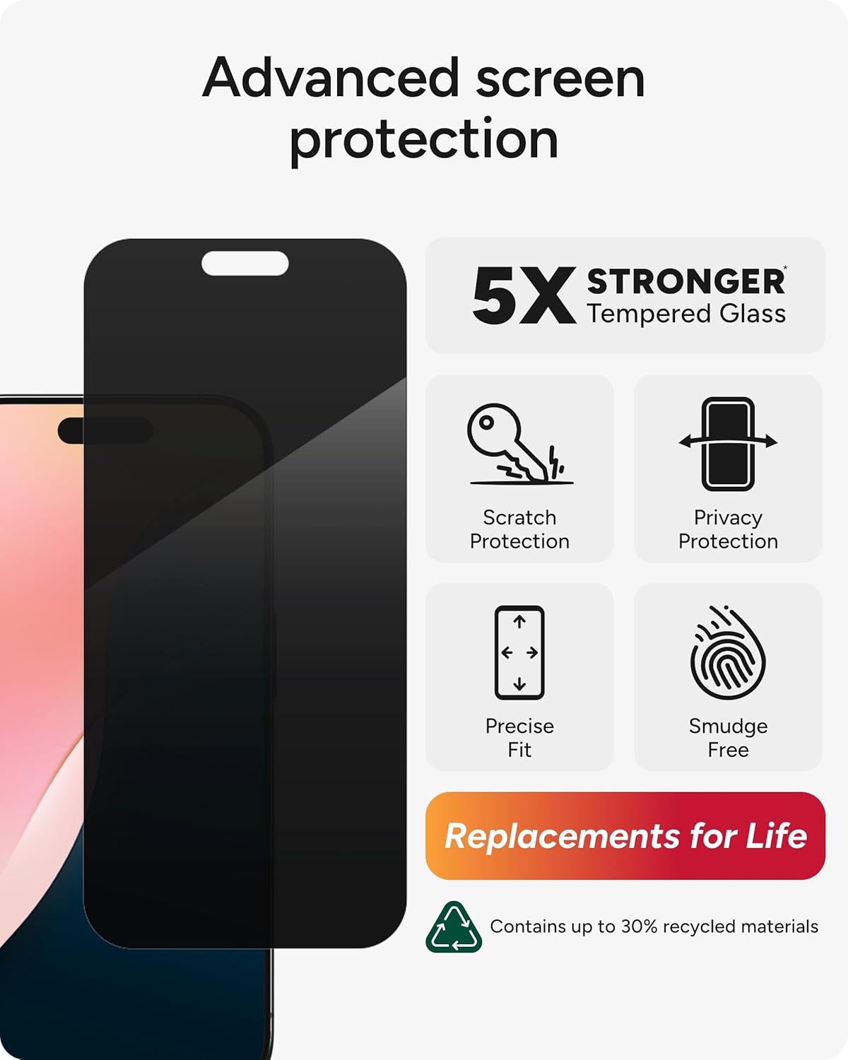 ZAGG Glass Elite Privacy Screen Protector for iPhone 16 Pro - 2-Way Privacy Filter, Ultra-Strong Tempered Glass, 5X Stronger, InvisibleShield, Smudge-Free, Easy Install, Recycled Content