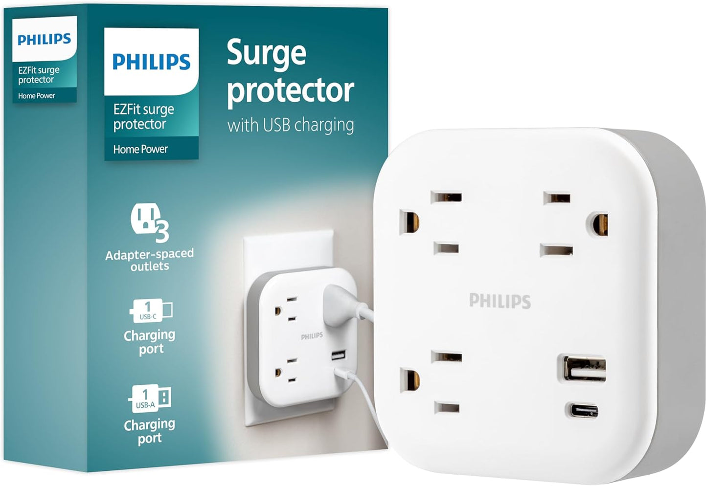 Philips EZFit 3-Outlet Surge Outlet Extender with USB, 1 USB-A, 1 USB-C, Adapter Spaced, Charging Station, 12W, 980 Joules, White - SPP9393W/37