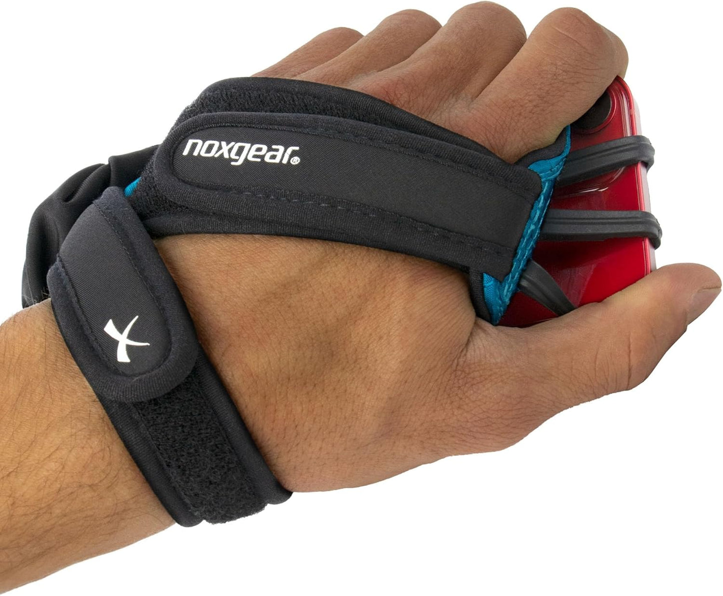 Noxgear Hand Held Phone Holder - Handheld Grip Phone Holder with Key Fob & Card Slot for Running, Jogging & Working Out - Compatible with All Phones - Machine Washable (Noxgear Blue, Right Hand)