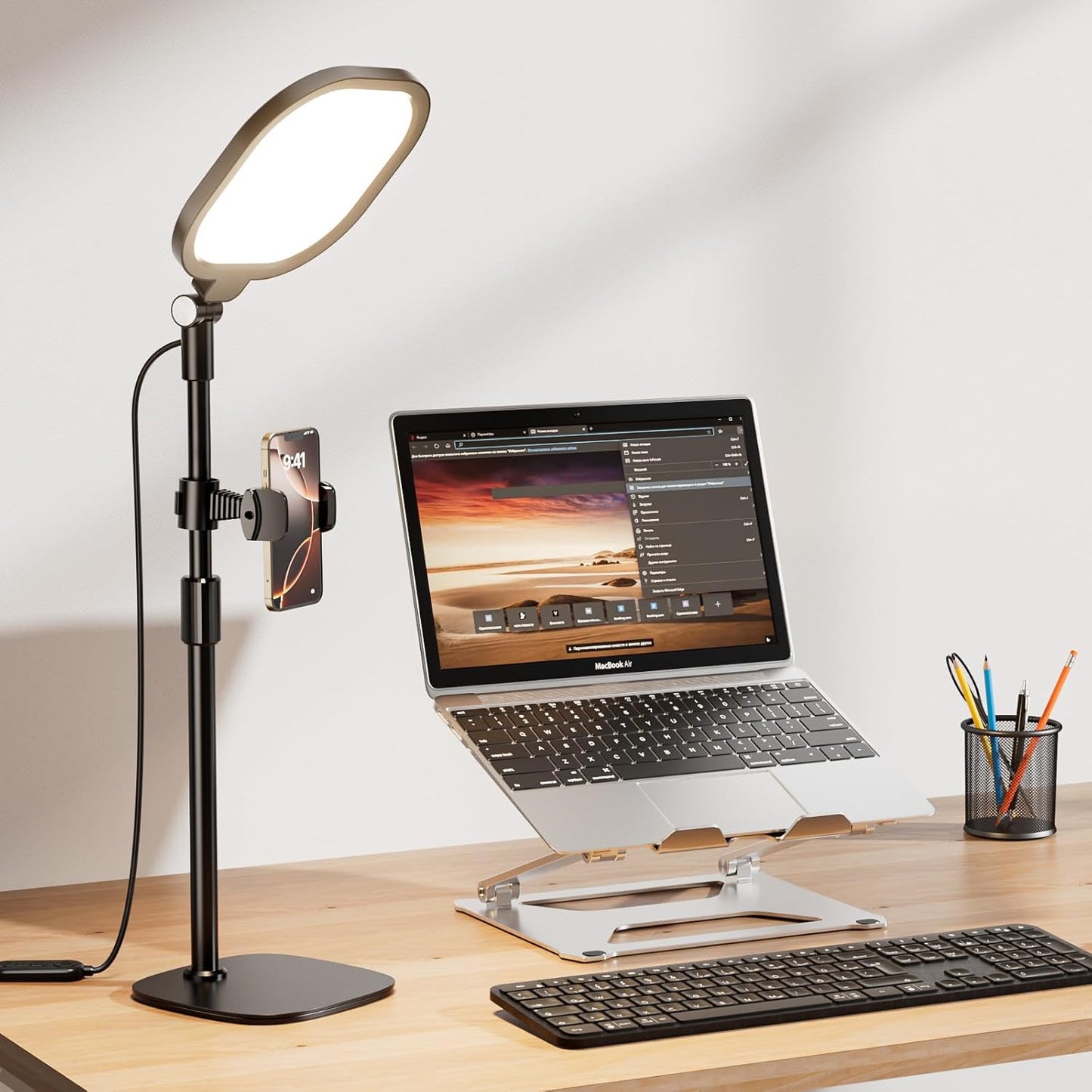 Desk Ring Light with Stand and Phone Holder, 3000K-6500K Dimmable Computer Ringlight for Laptop, Video Conference Light for Zoom Meeting, Video Calls, Webcam, Desktop Light for Video Recording