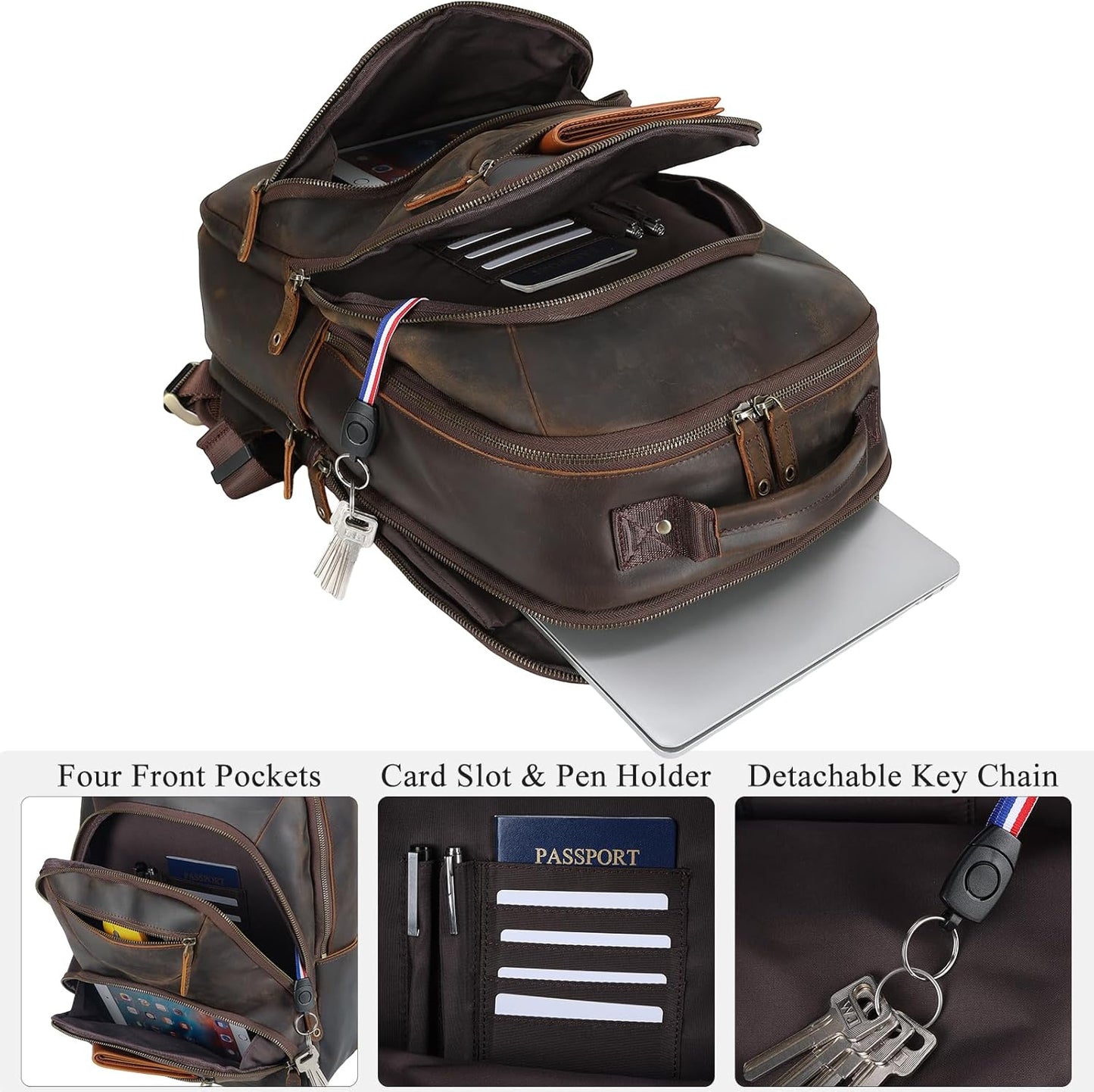 TIDING Men's Full Grain Leather Backpack Fits 16" Laptop, Vintage Business Casual Daypack 19L Overnight Travel Rucksack