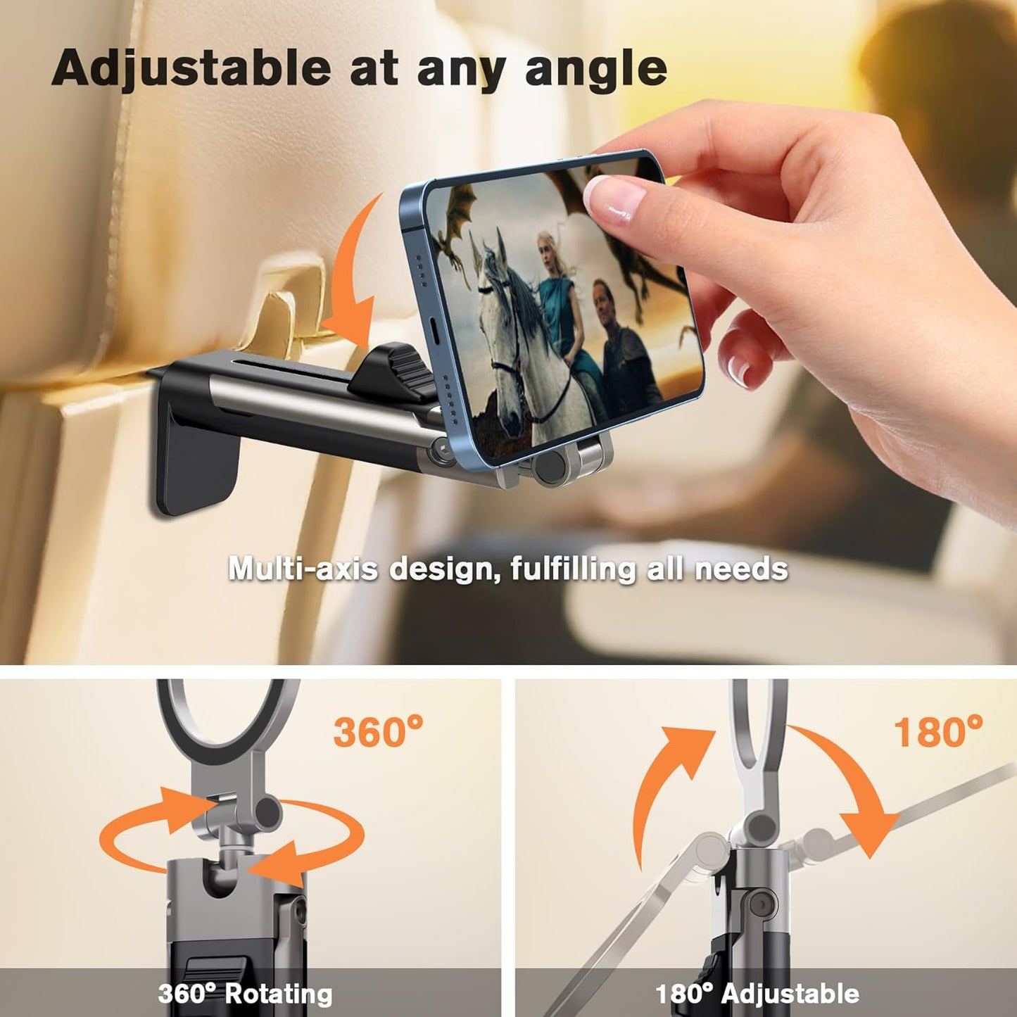 Airplane Phone Holder Mount,360° Adjustable Hands-Free Mount,Handsfree Airport Mount Long Flight Must Haves for Woman Man Fits iPhone 16 15 14 Pro Max Series