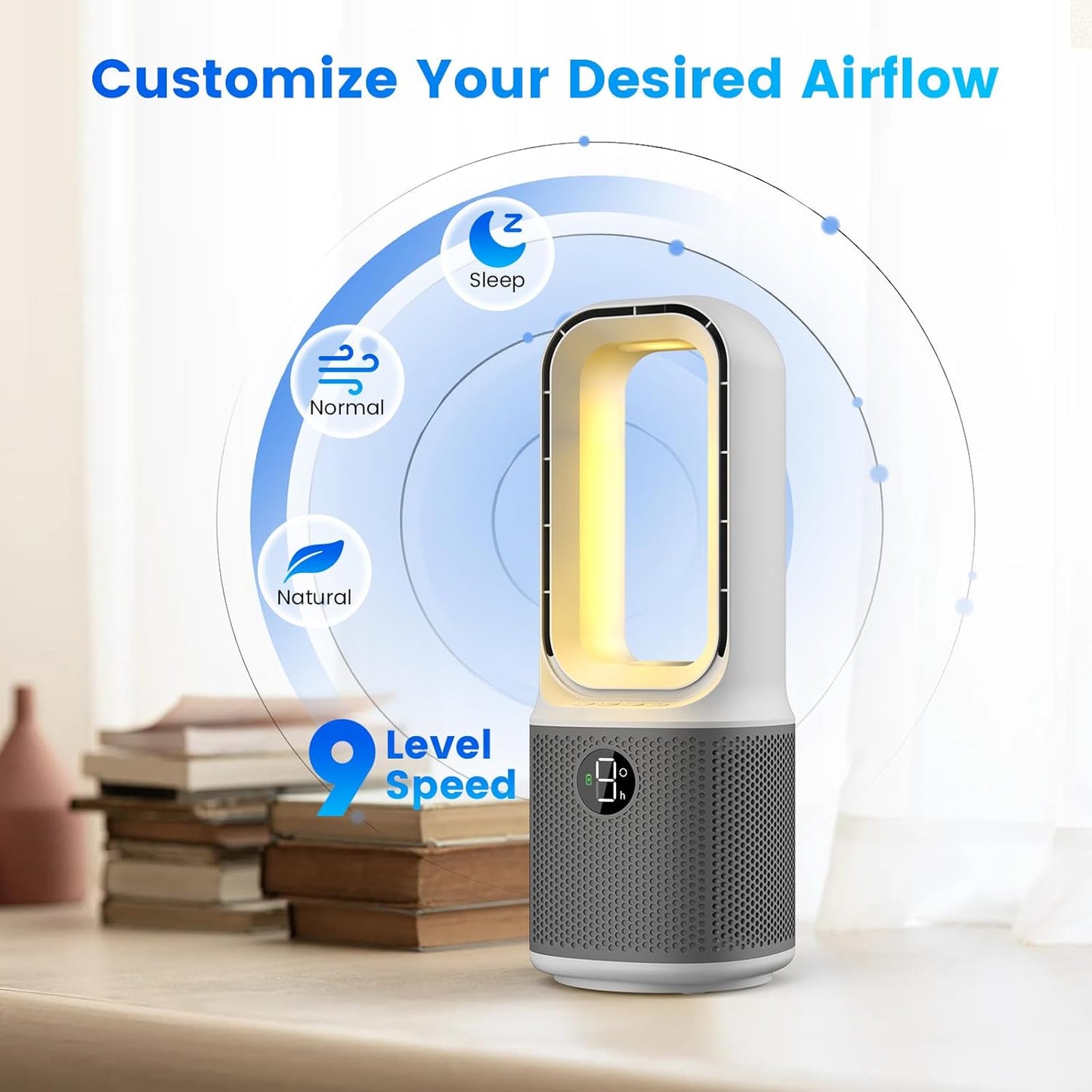 Misby Desk Fans Small Quiet, 13 Inch Bladeless Table Fan, 9 Speeds for Powerful Airflow, 70° Oscillating Fan with Night Light and Timer, Desktop Cooling Fan for Bedroom, Office, Nightstand, Grey